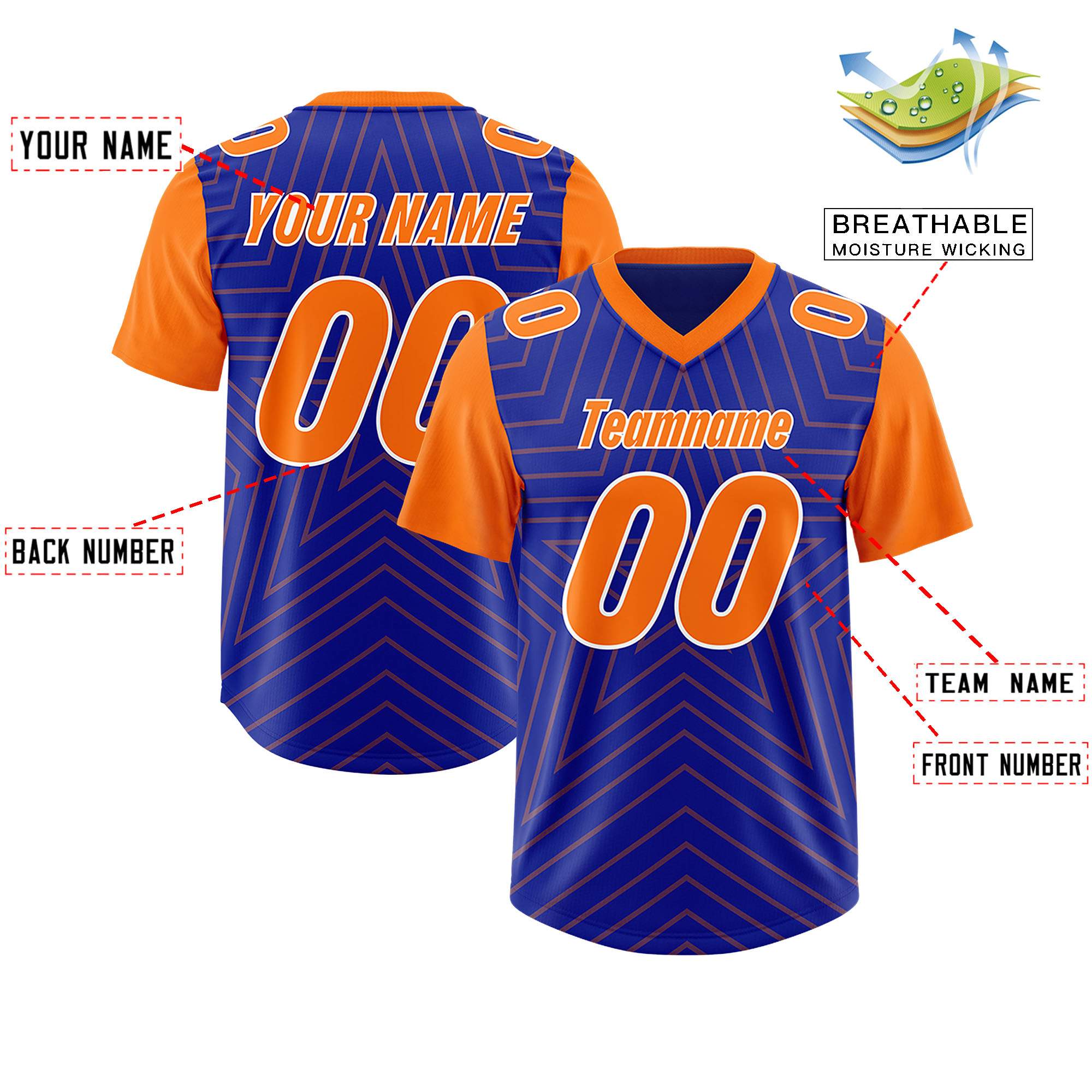 Custom Royal Orange Personalized Star Pattern Raglan Sleeves Authentic American Football Jersey
