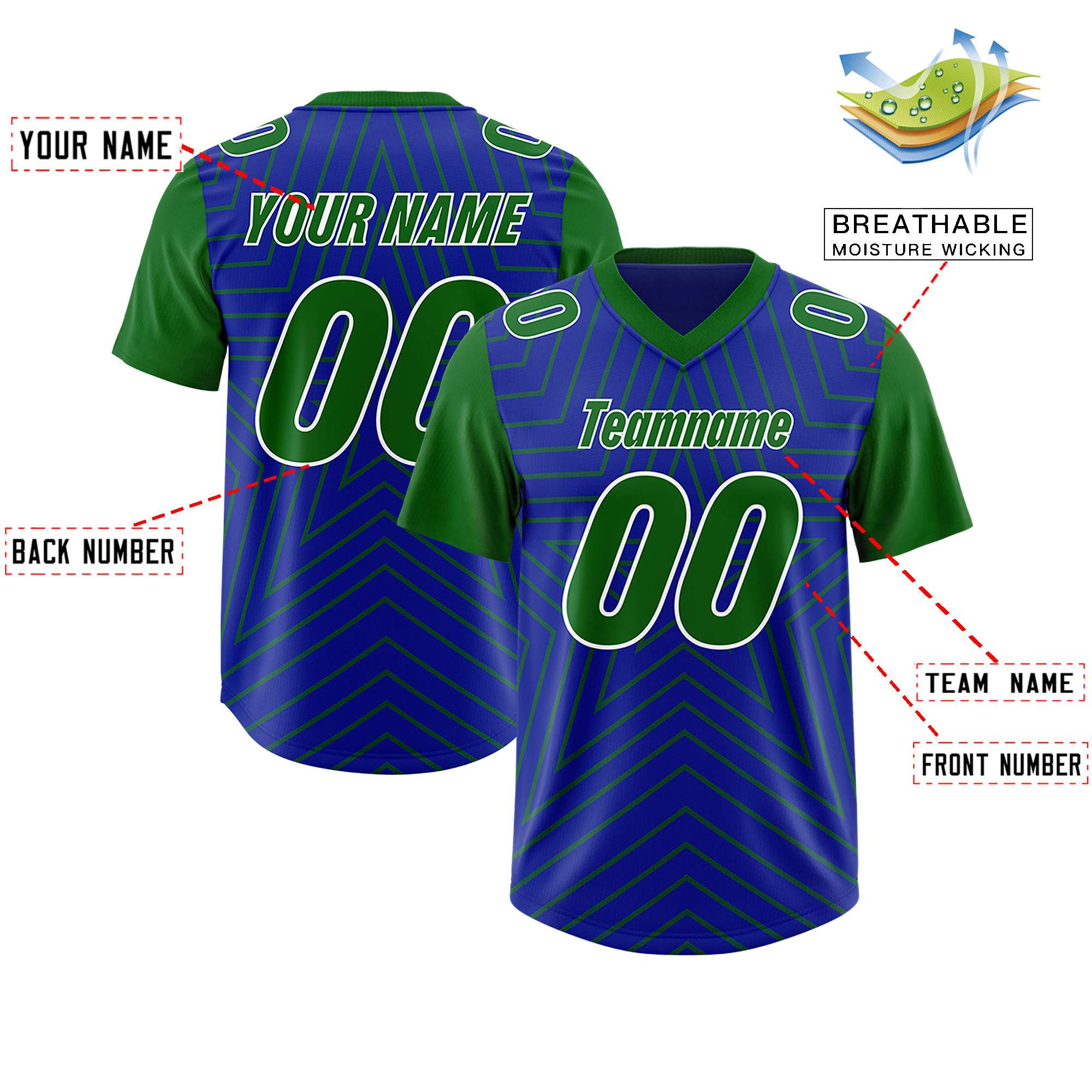 Custom Royal Kelly Green Personalized Star Pattern Raglan Sleeves Authentic American Football Jersey