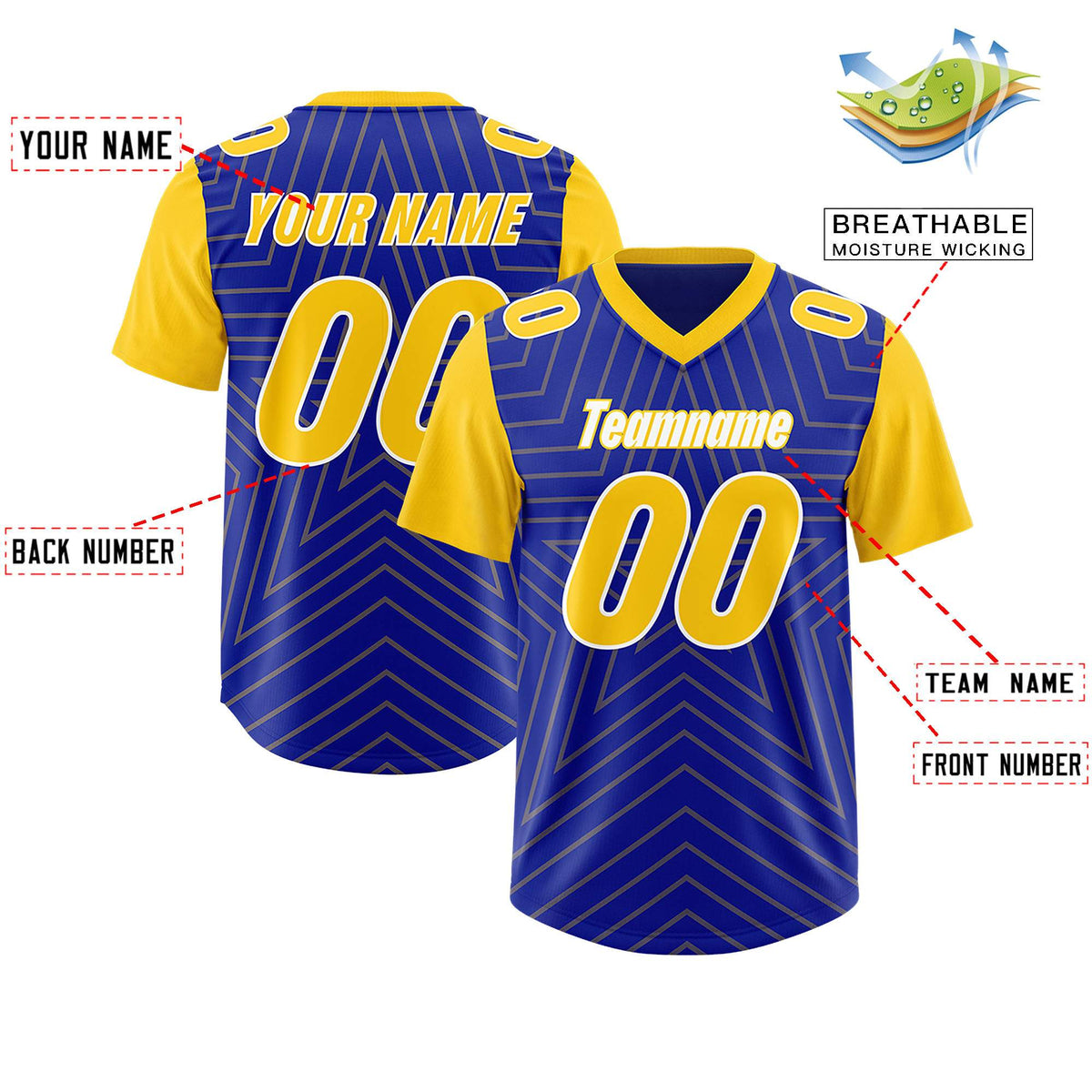 Custom Royal Gold Personalized Star Pattern Raglan Sleeves Authentic American Football Jersey