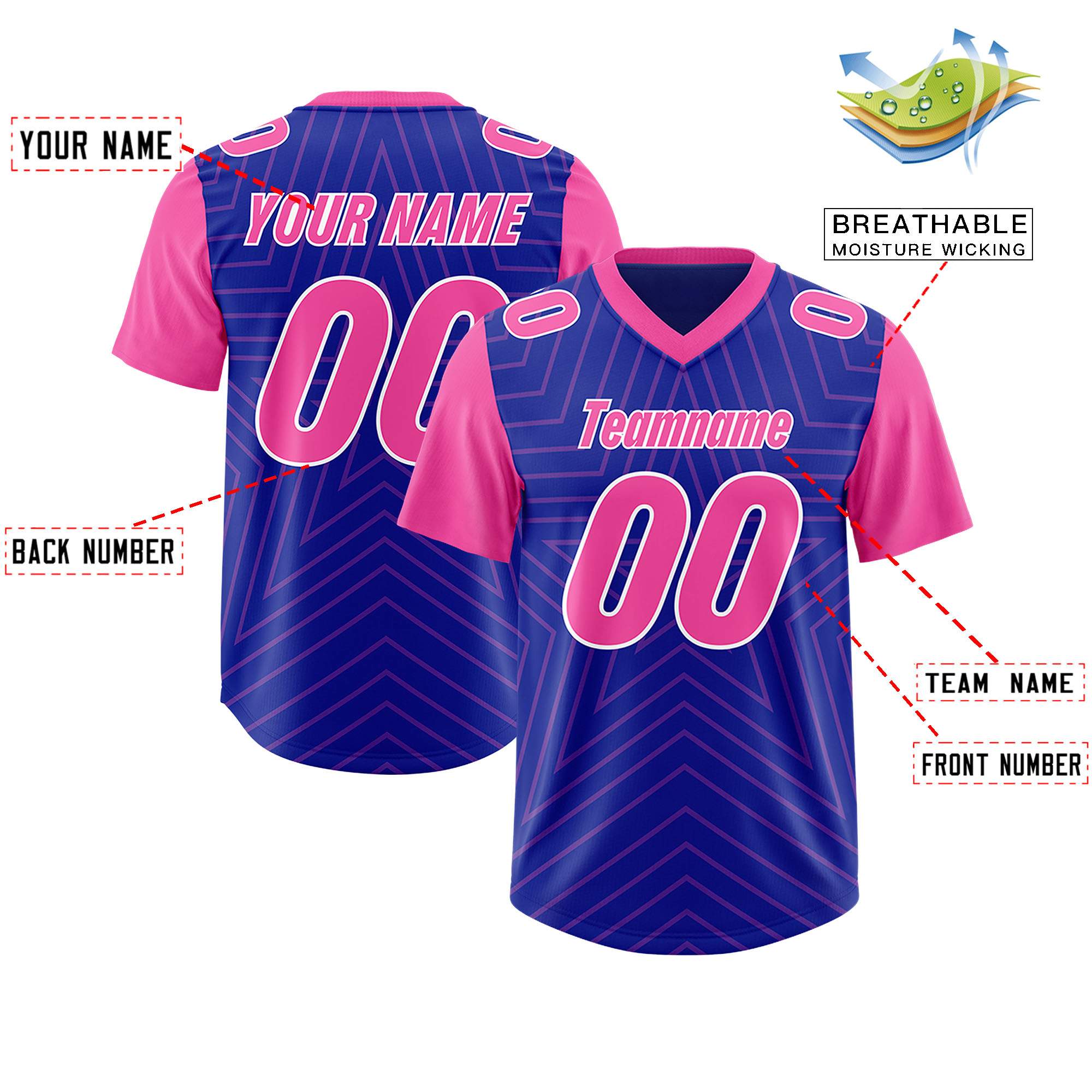 Custom Royal Pink Personalized Star Pattern Raglan Sleeves Authentic American Football Jersey