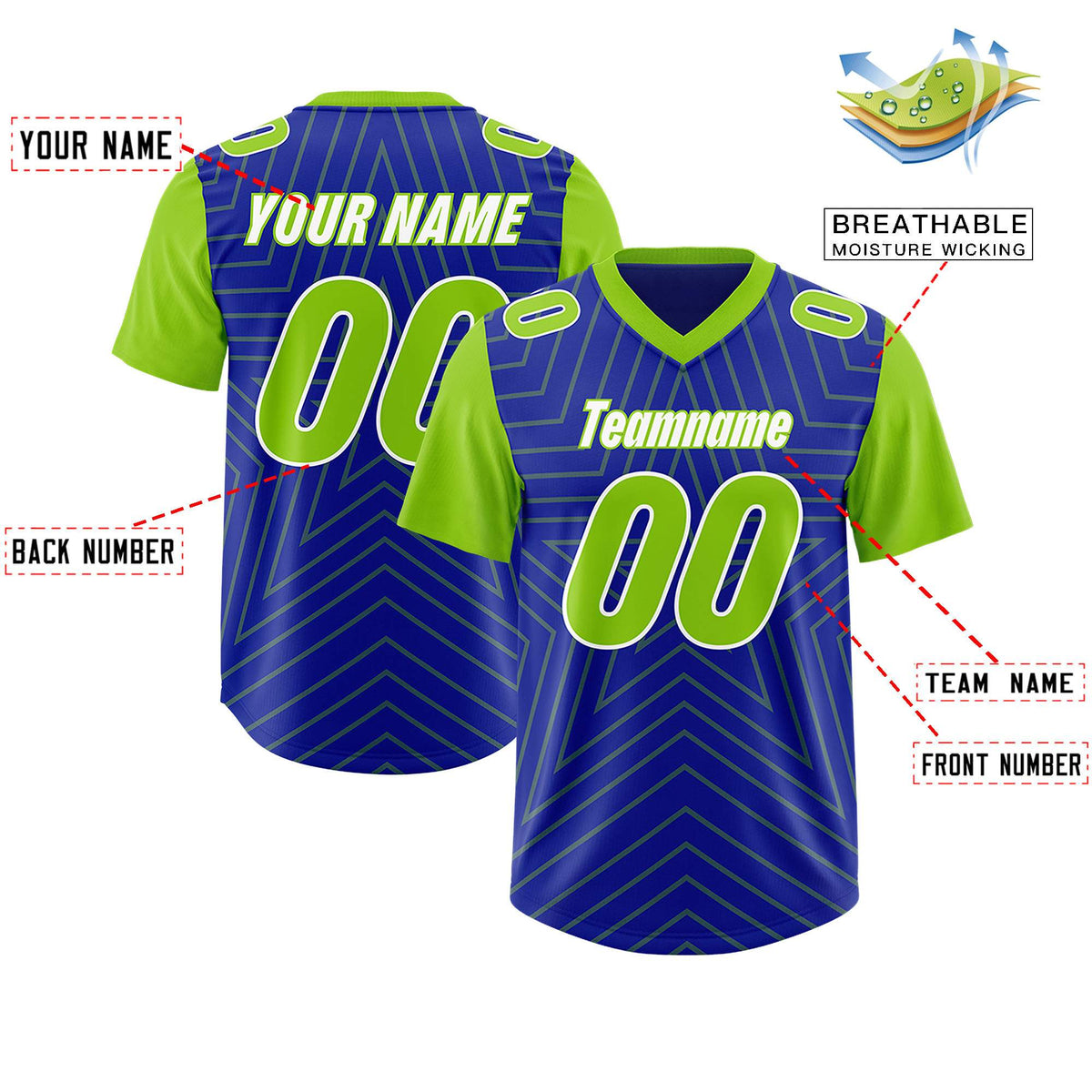 Custom Royal Neon Green Personalized Star Pattern Raglan Sleeves Authentic American Football Jersey