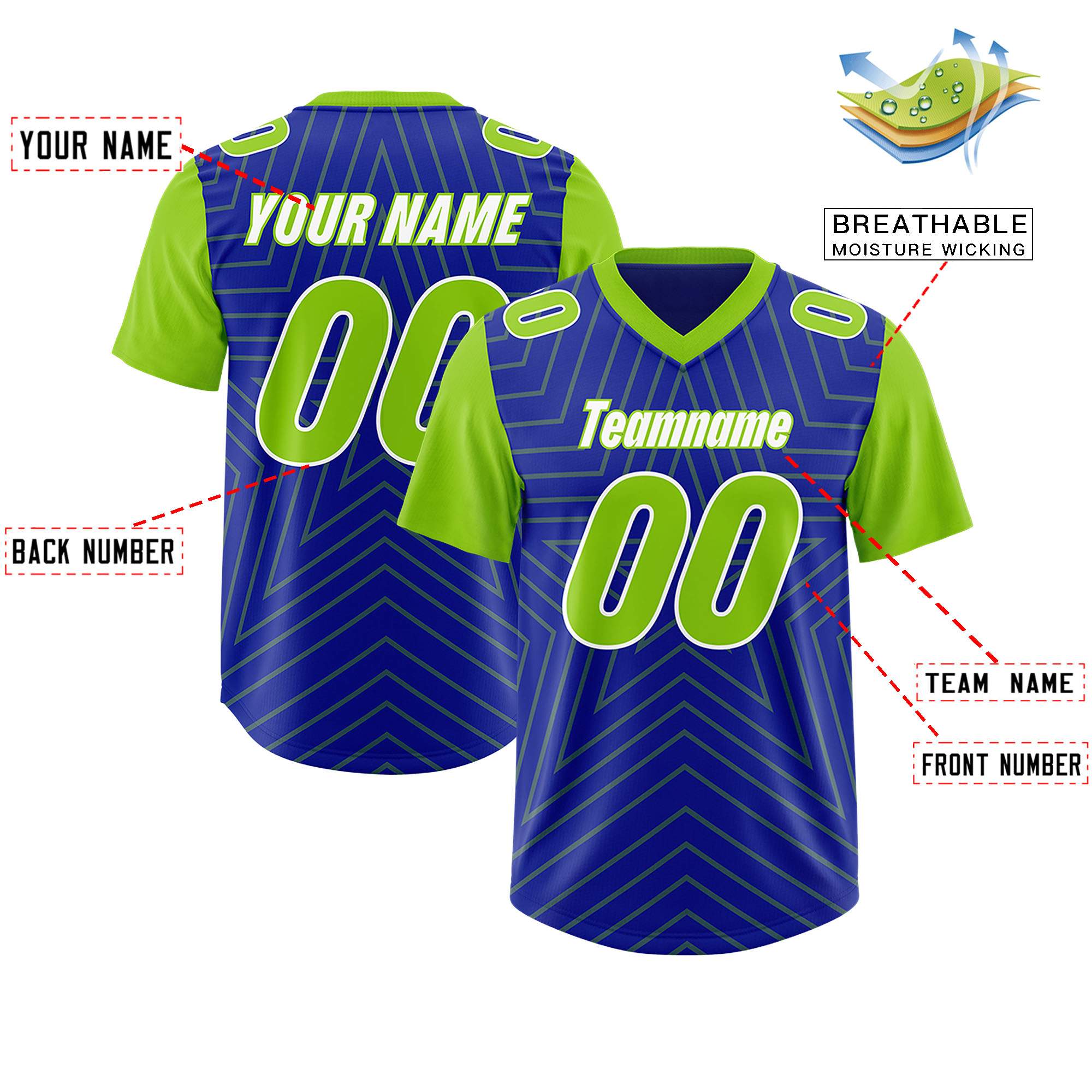Custom Royal Neon Green Personalized Star Pattern Raglan Sleeves Authentic American Football Jersey