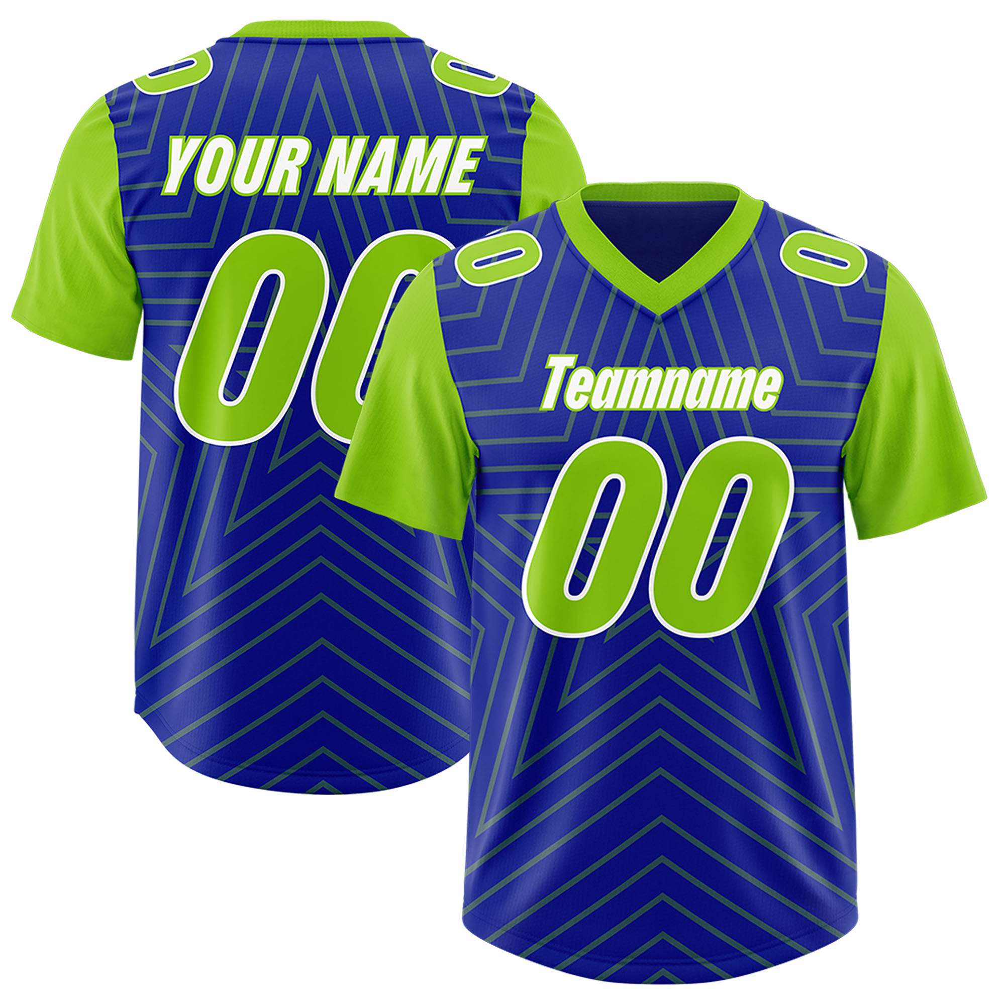 Custom Royal Neon Green Personalized Star Pattern Raglan Sleeves Authentic American Football Jersey