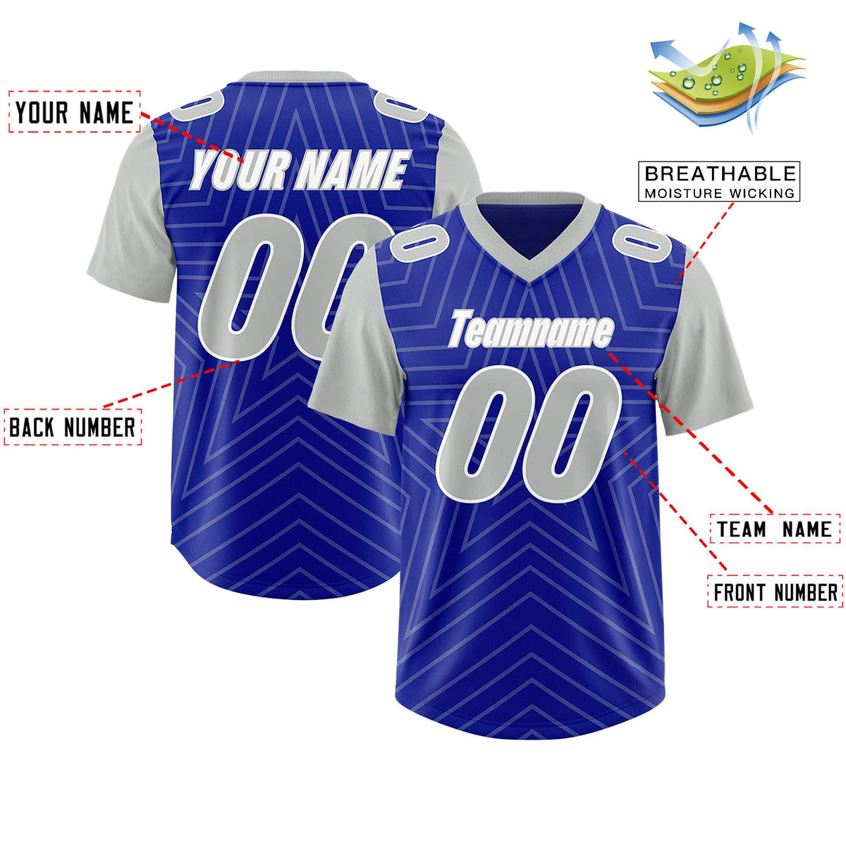 Custom Royal Gray Personalized Star Pattern Raglan Sleeves Authentic American Football Jersey
