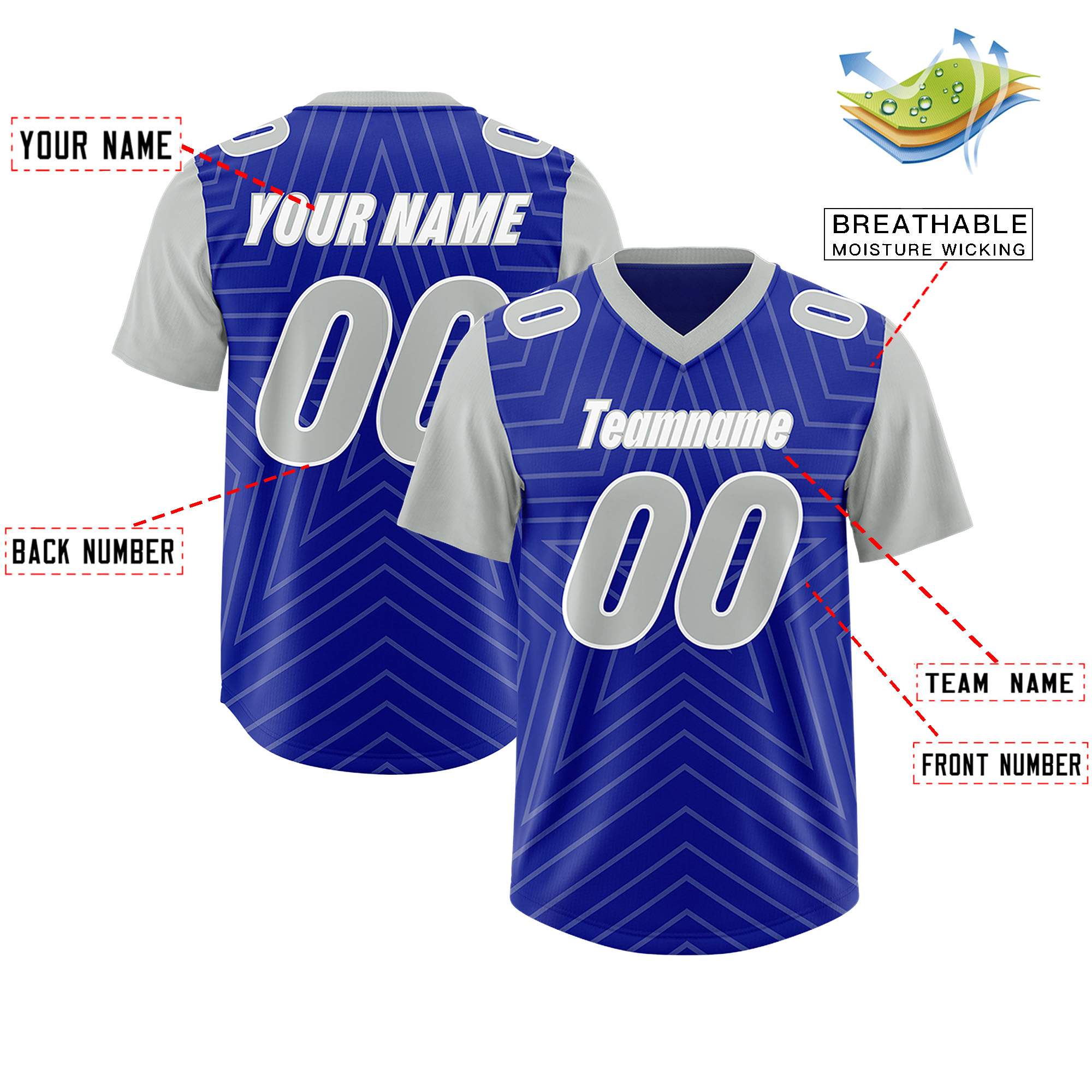 Custom Royal Gray Personalized Star Pattern Raglan Sleeves Authentic American Football Jersey