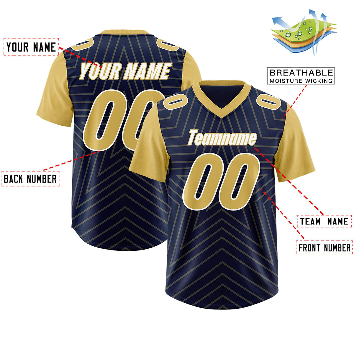 Custom Navy Old Gold Personalized Star Pattern Raglan Sleeves Authentic American Football Jersey