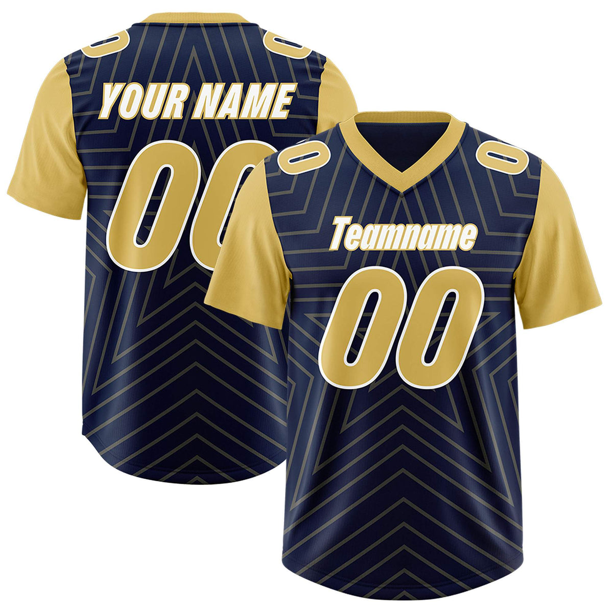 Custom Navy Old Gold Personalized Star Pattern Raglan Sleeves Authentic American Football Jersey