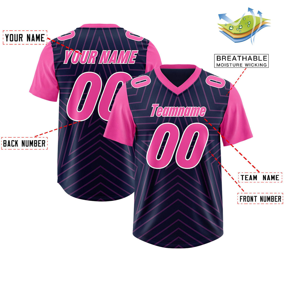 Custom Navy Pink Personalized Star Pattern Raglan Sleeves Authentic American Football Jersey
