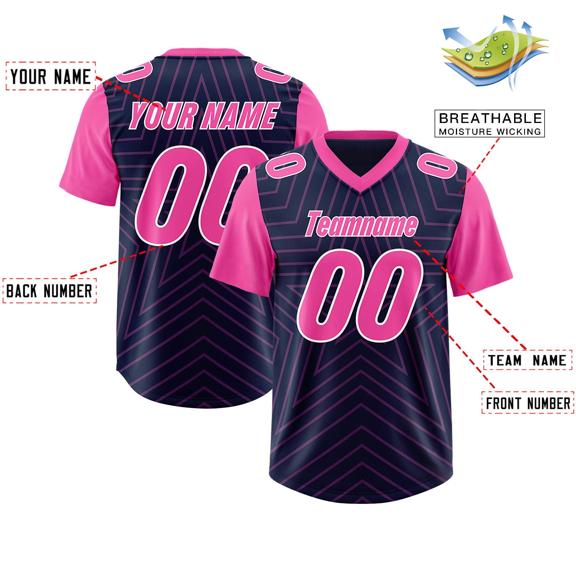Custom Navy Pink Personalized Star Pattern Raglan Sleeves Authentic American Football Jersey