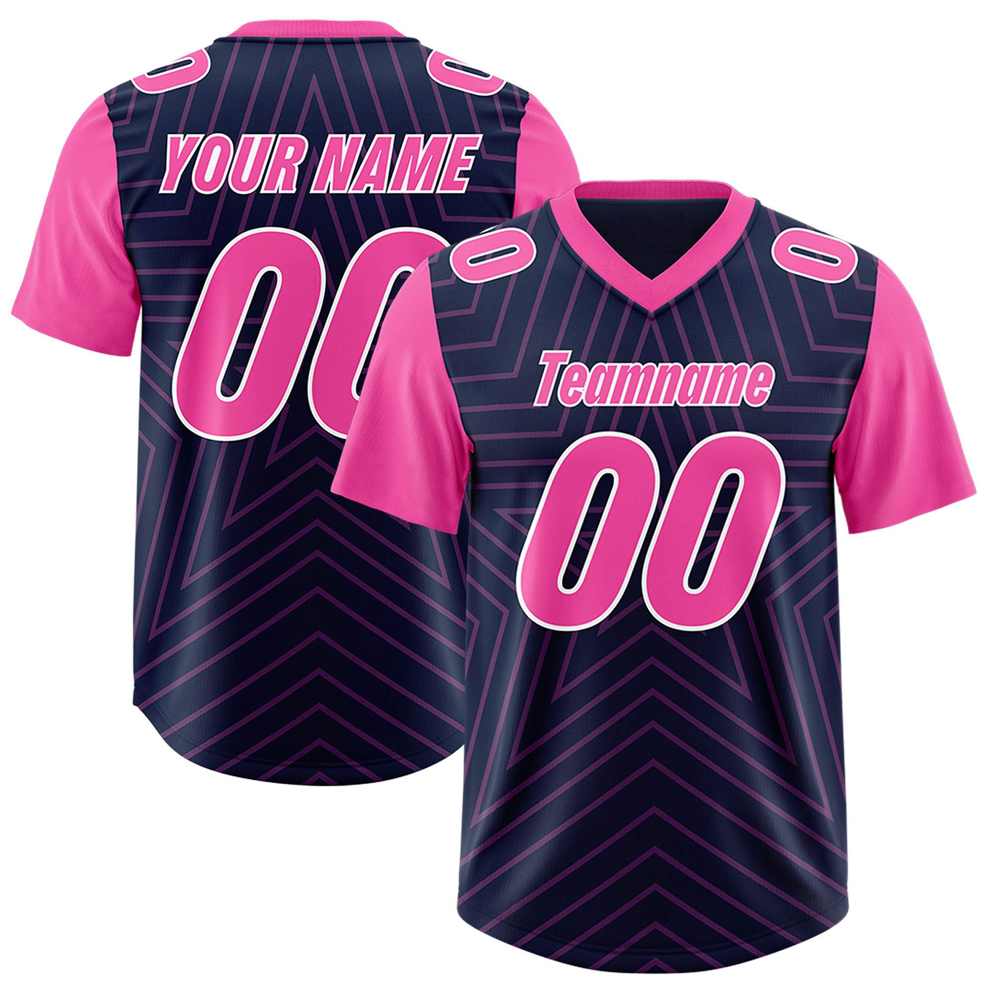 Custom Navy Pink Personalized Star Pattern Raglan Sleeves Authentic American Football Jersey