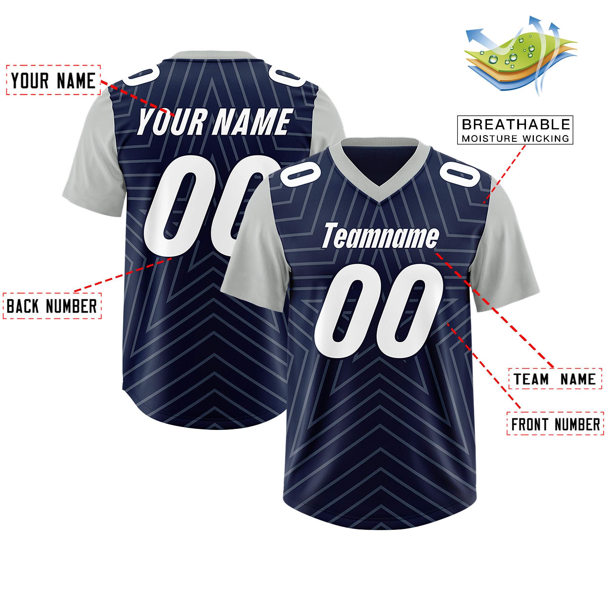 Custom Navy Gray Personalized Star Pattern Raglan Sleeves Authentic American Football Jersey