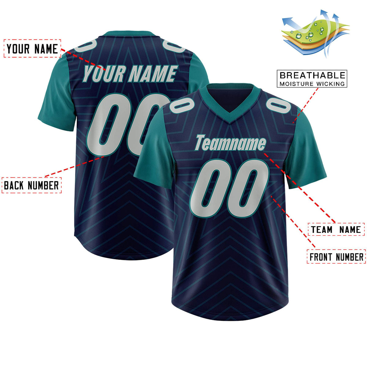 Custom Navy Aqua Personalized Star Pattern Raglan Sleeves Authentic American Football Jersey