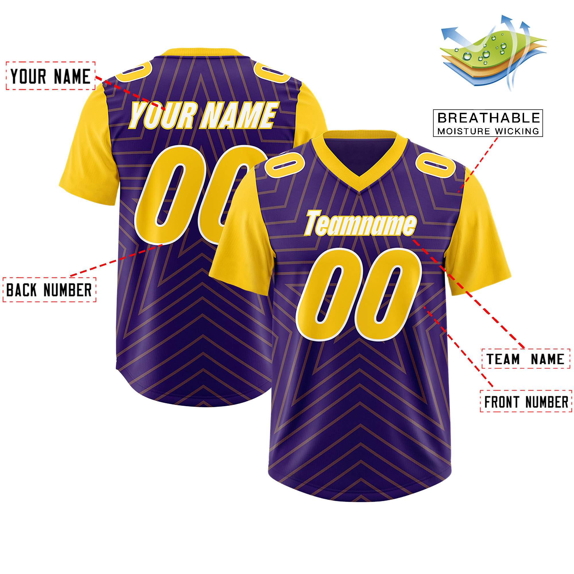 Custom Purple Gold Personalized Star Pattern Raglan Sleeves Authentic American Football Jersey