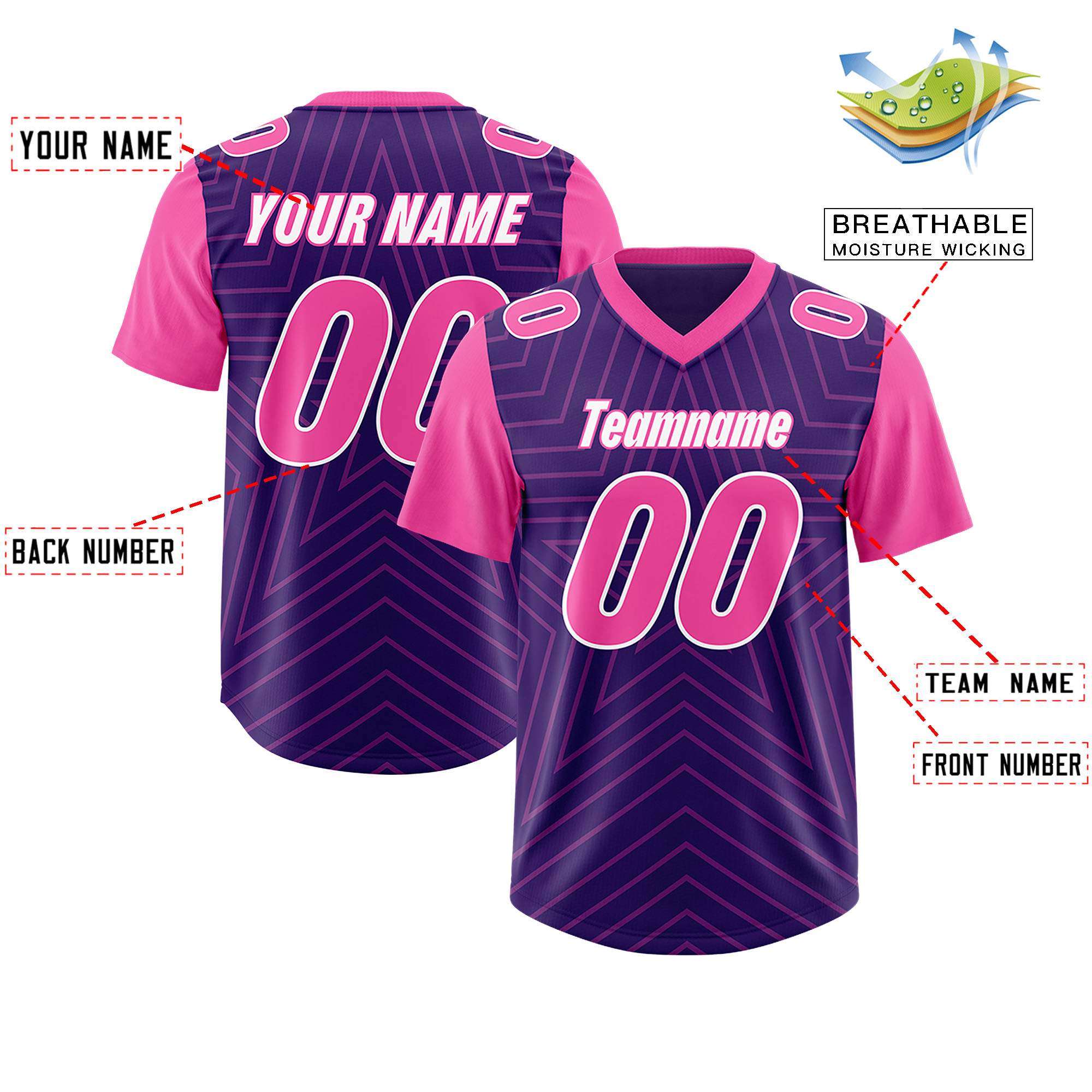 Custom Purple Pink Personalized Star Pattern Raglan Sleeves Authentic American Football Jersey