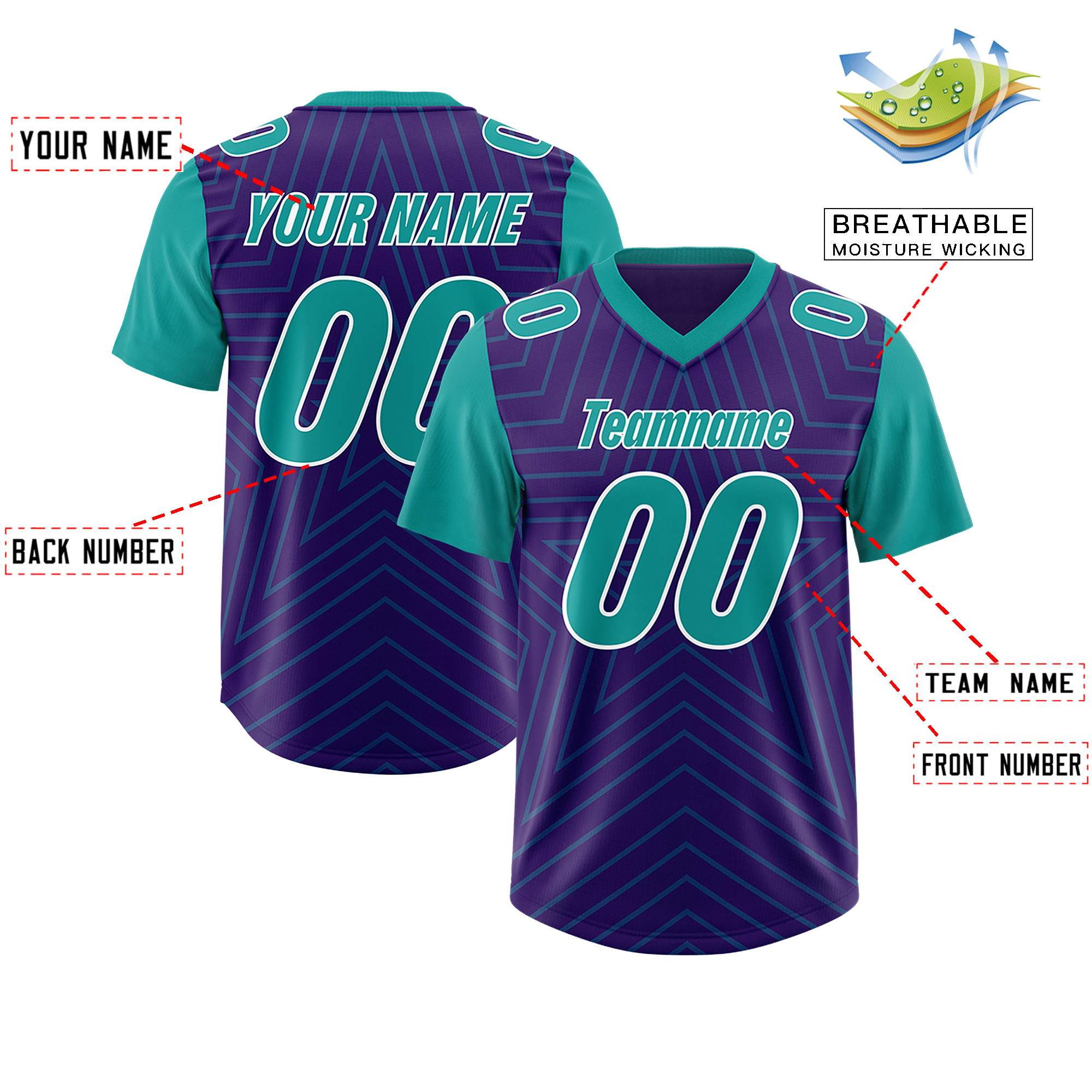 Custom Purple Aqua Personalized Star Pattern Raglan Sleeves Authentic American Football Jersey