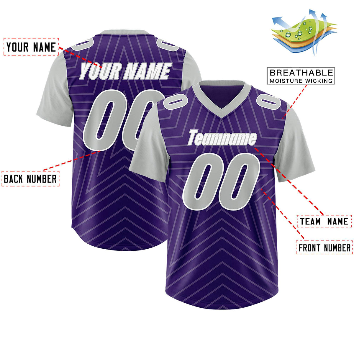 Custom Purple Gray Personalized Star Pattern Raglan Sleeves Authentic American Football Jersey