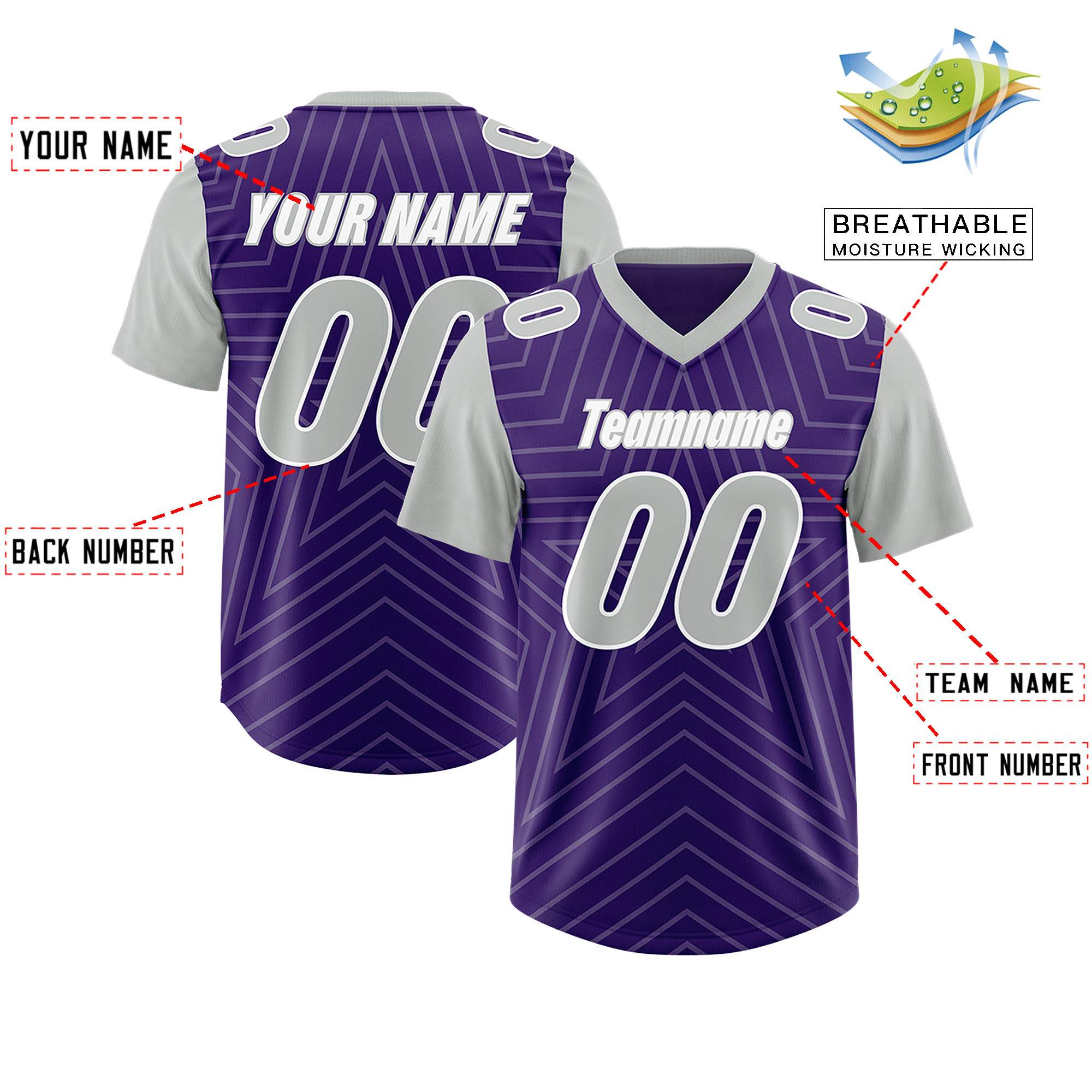 Custom Purple Gray Personalized Star Pattern Raglan Sleeves Authentic American Football Jersey