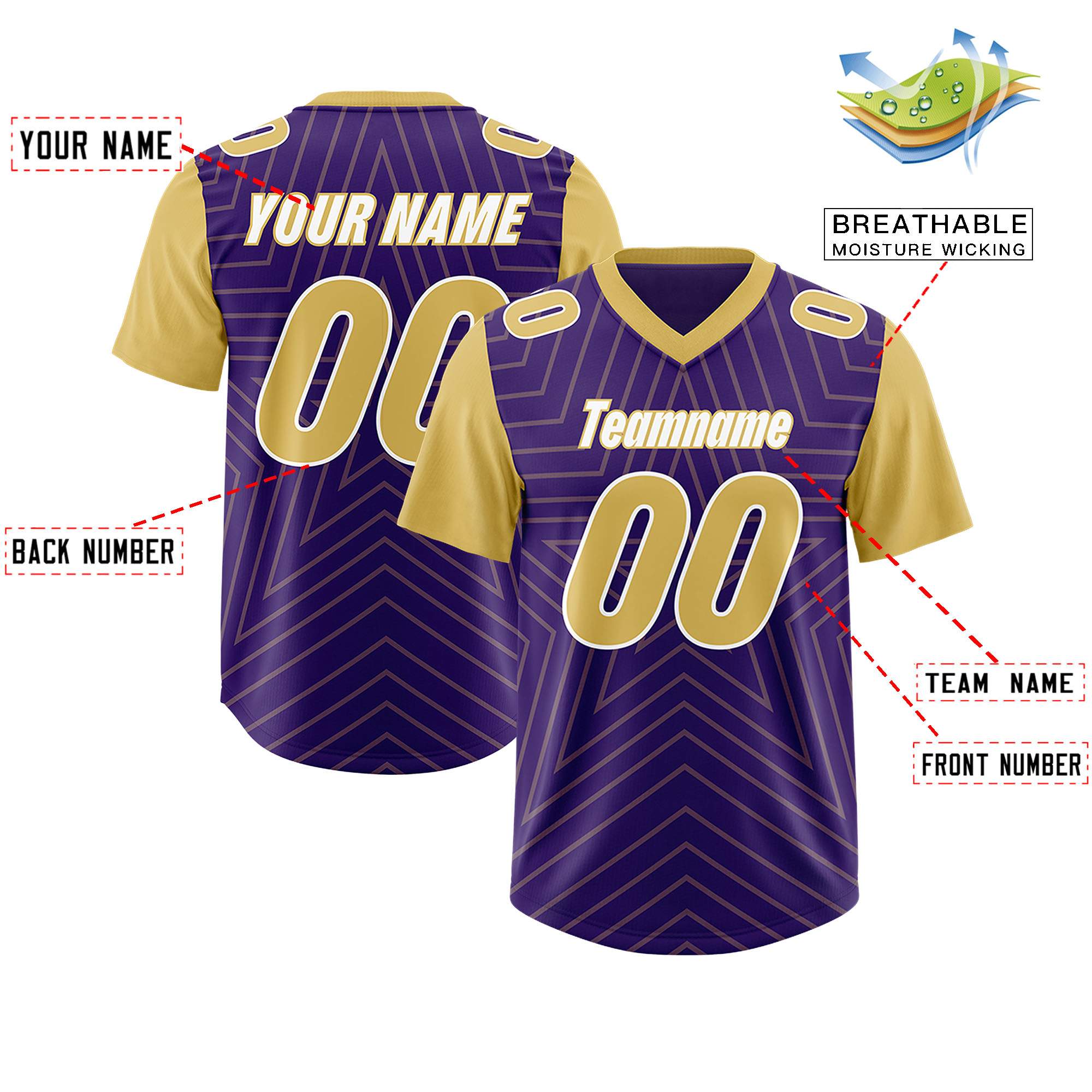 Custom Purple Old Gold Personalized Star Pattern Raglan Sleeves Authentic American Football Jersey