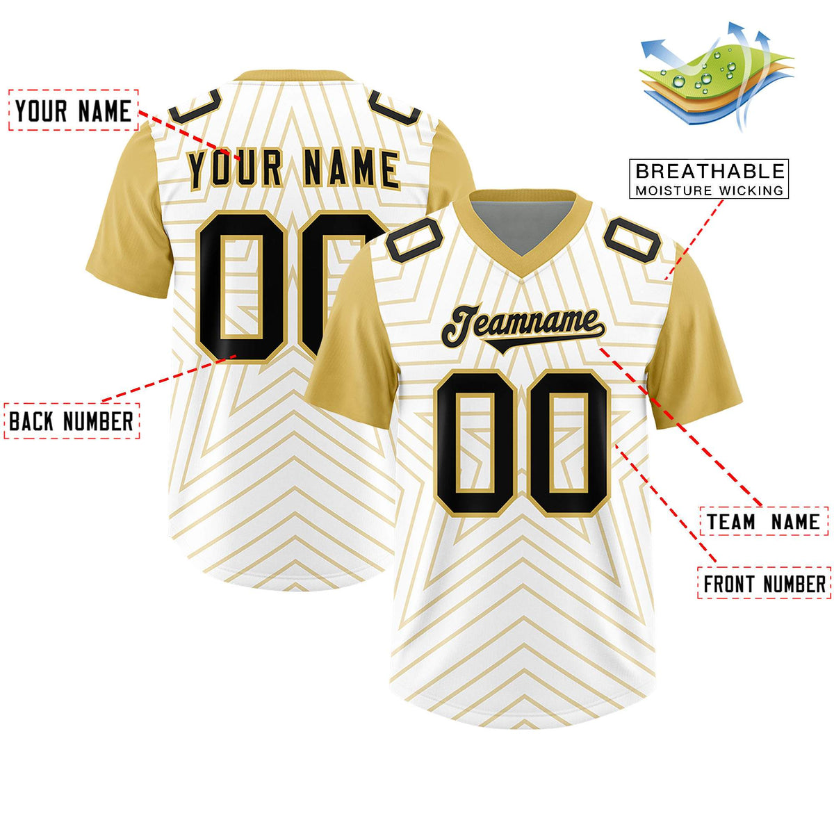 Custom White Old Gold Personalized Star Pattern Raglan Sleeves Authentic American Football Jersey