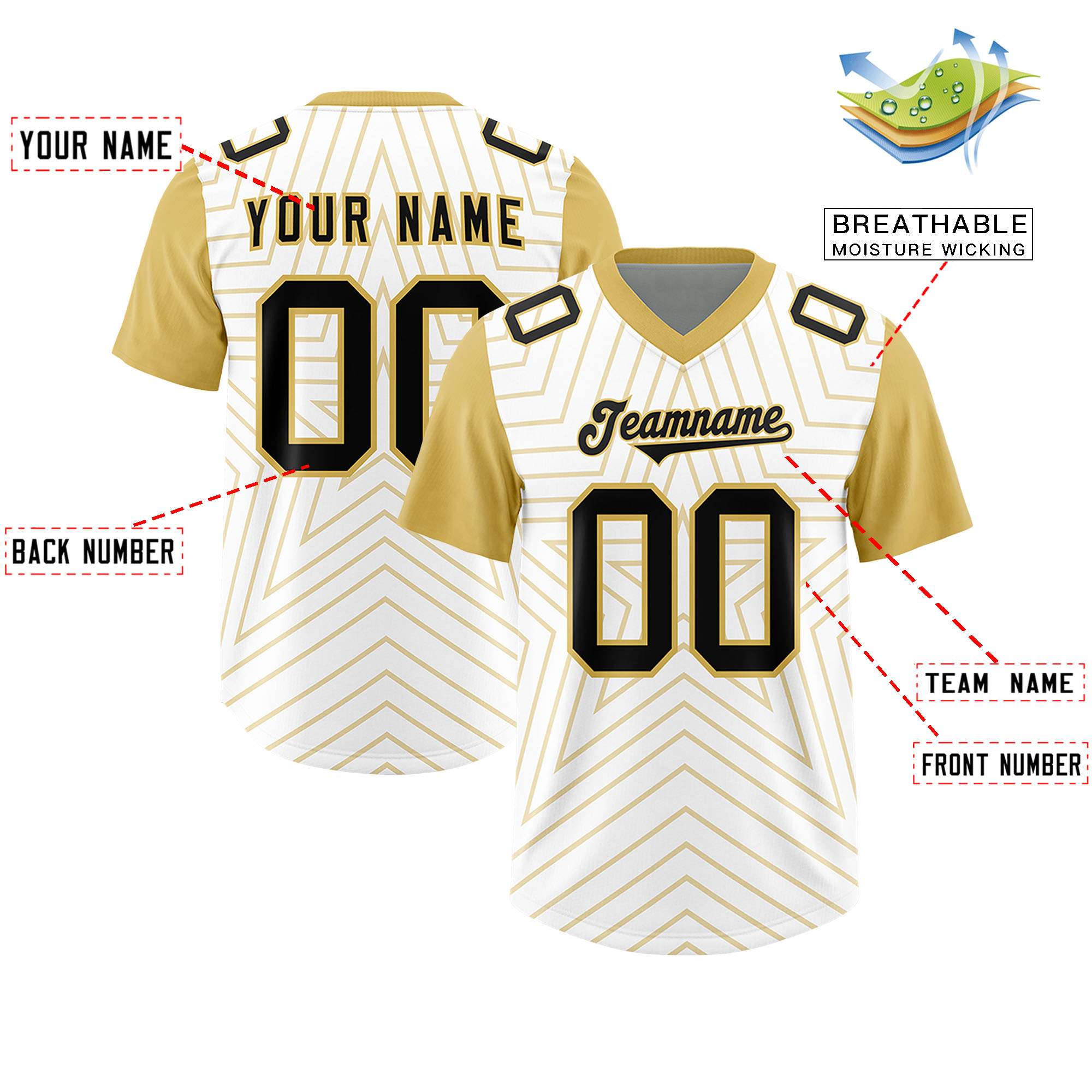 Custom White Old Gold Personalized Star Pattern Raglan Sleeves Authentic American Football Jersey