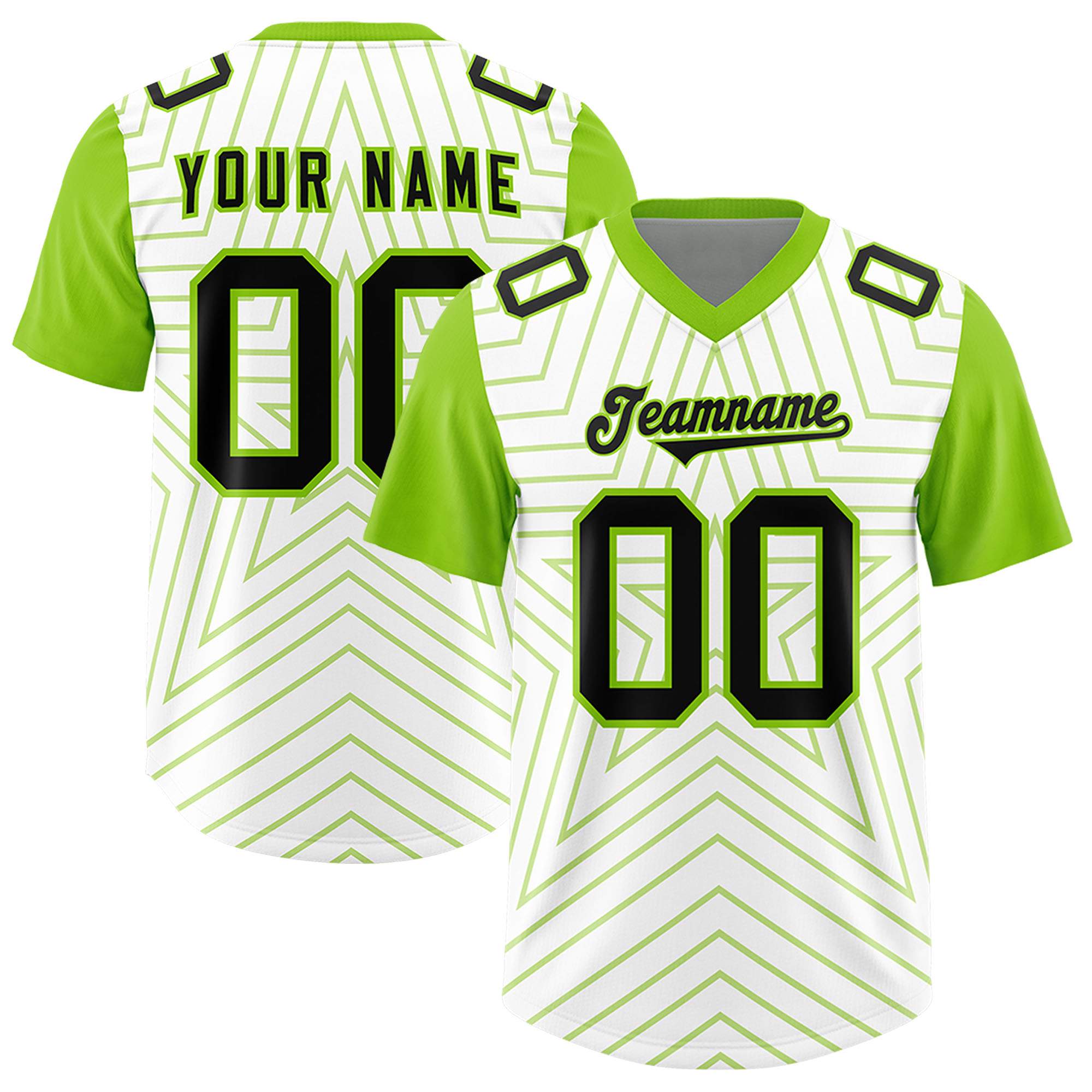 Custom White Neon Green Personalized Star Pattern Raglan Sleeves Authentic American Football Jersey