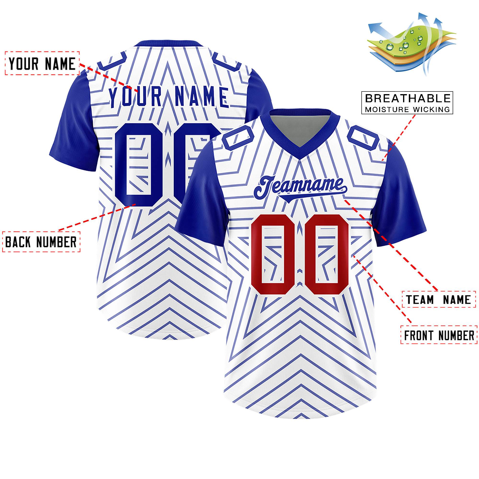 Custom White Royal Personalized Star Pattern Raglan Sleeves Authentic American Football Jersey
