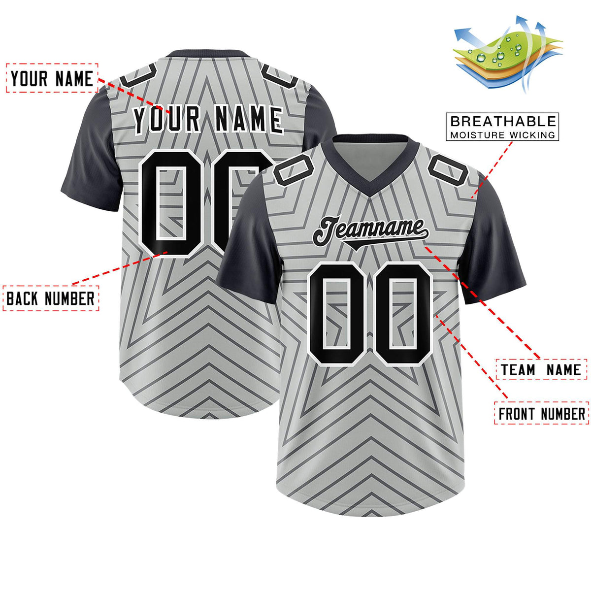 Custom Gray Dark Gray Personalized Star Pattern Raglan Sleeves Authentic American Football Jersey