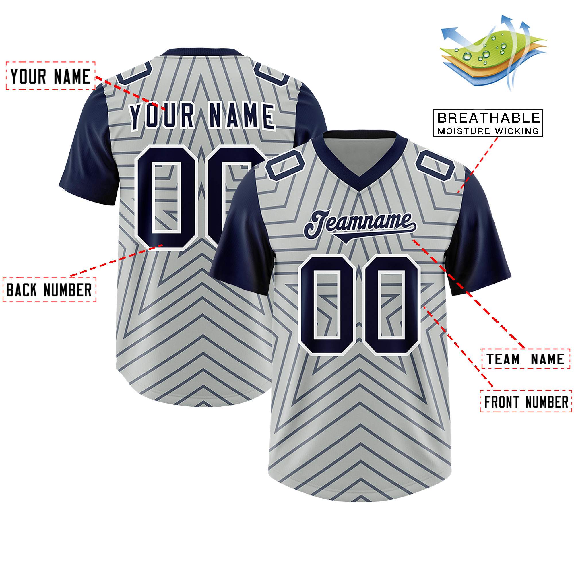 Custom Gray Navy Personalized Star Pattern Raglan Sleeves Authentic American Football Jersey