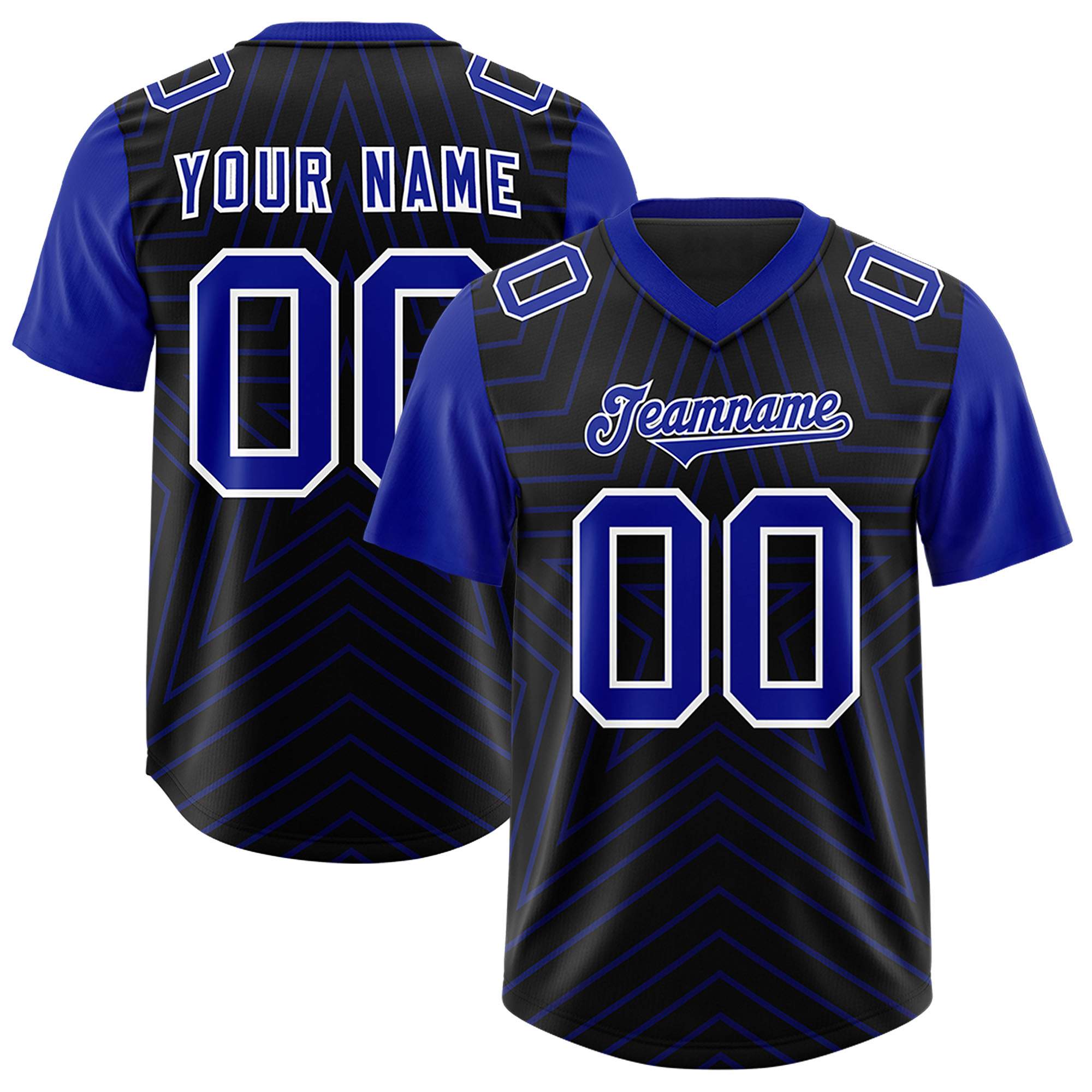 Custom Black Royal Personalized Star Pattern Raglan Sleeves Authentic American Football Jersey