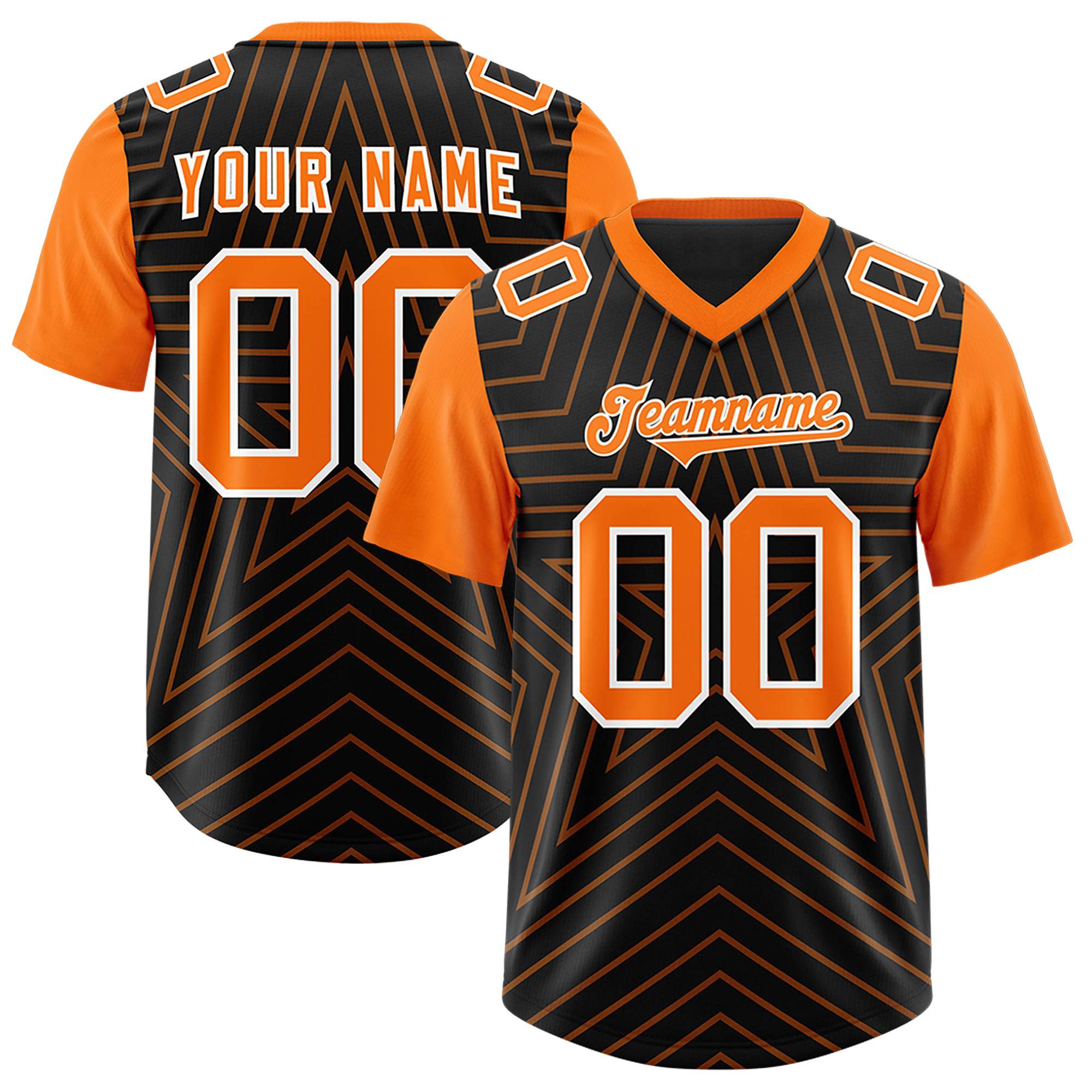 Custom Black Orange Personalized Star Pattern Raglan Sleeves Authentic American Football Jersey