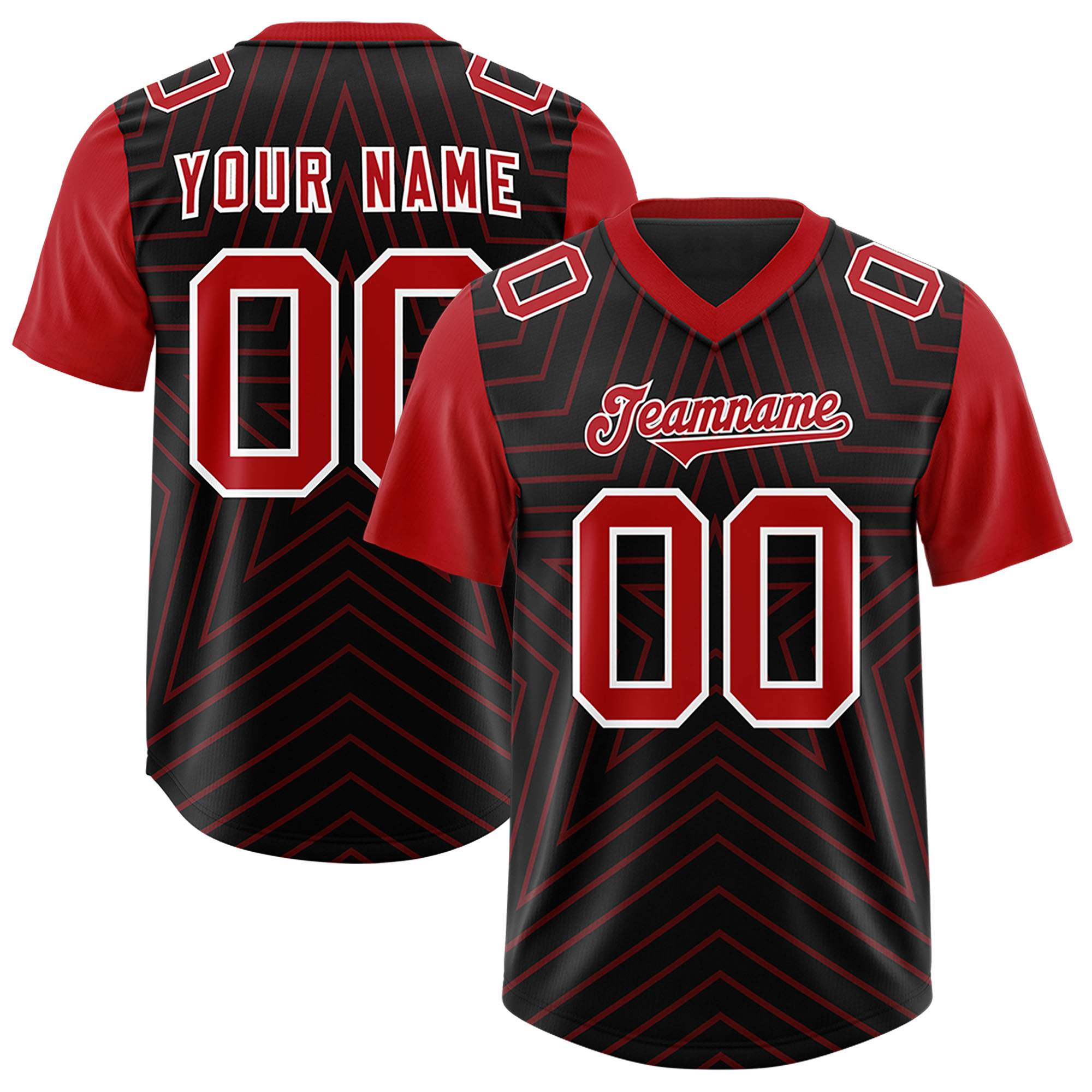 Custom Black Red Personalized Star Pattern Raglan Sleeves Authentic American Football Jersey
