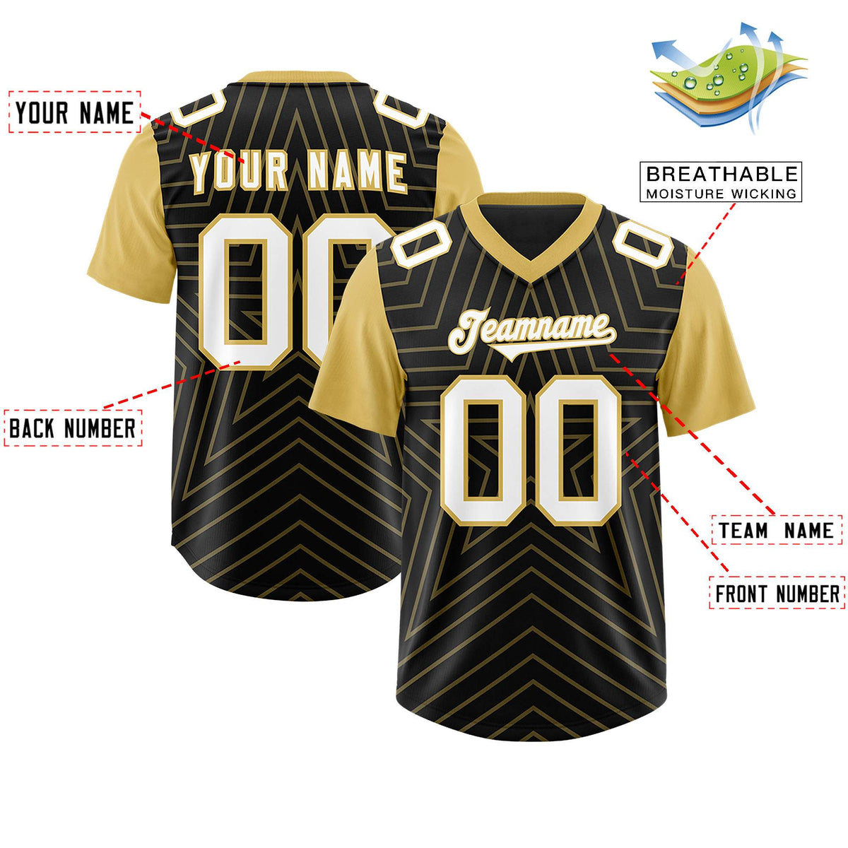 Custom Black Old Gold Personalized Star Pattern Raglan Sleeves Authentic American Football Jersey