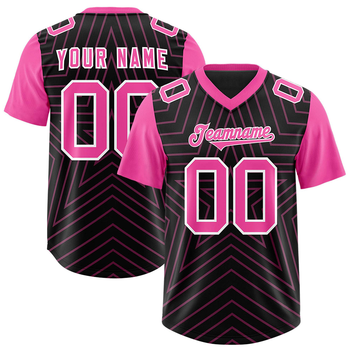 Custom Black Pink Personalized Star Pattern Raglan Sleeves Authentic American Football Jersey