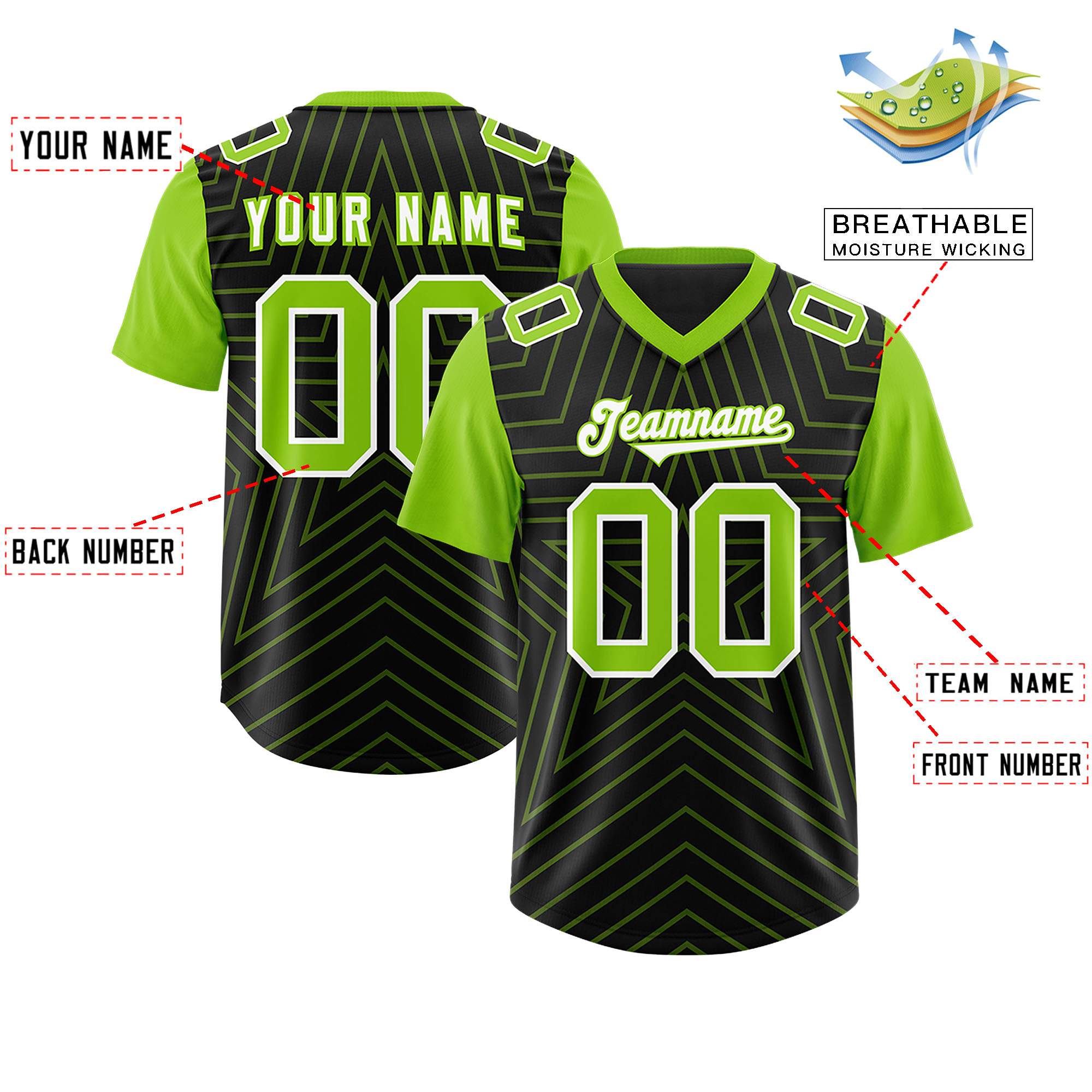Custom Black Neon Green Personalized Star Pattern Raglan Sleeves Authentic American Football Jersey