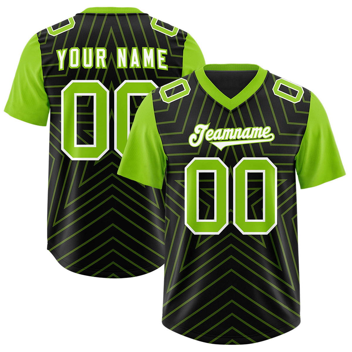 Custom Black Neon Green Personalized Star Pattern Raglan Sleeves Authentic American Football Jersey