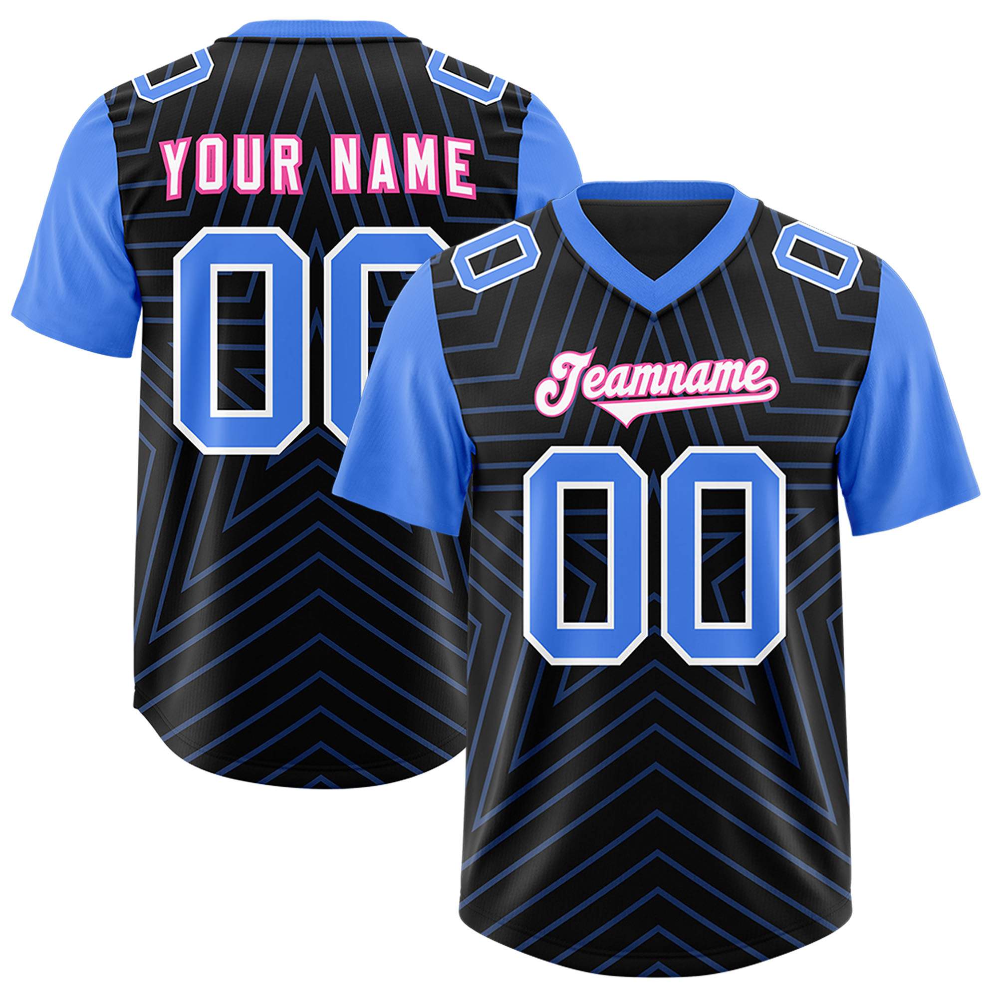 Custom Black Powder Blue Personalized Star Pattern Raglan Sleeves Authentic American Football Jersey