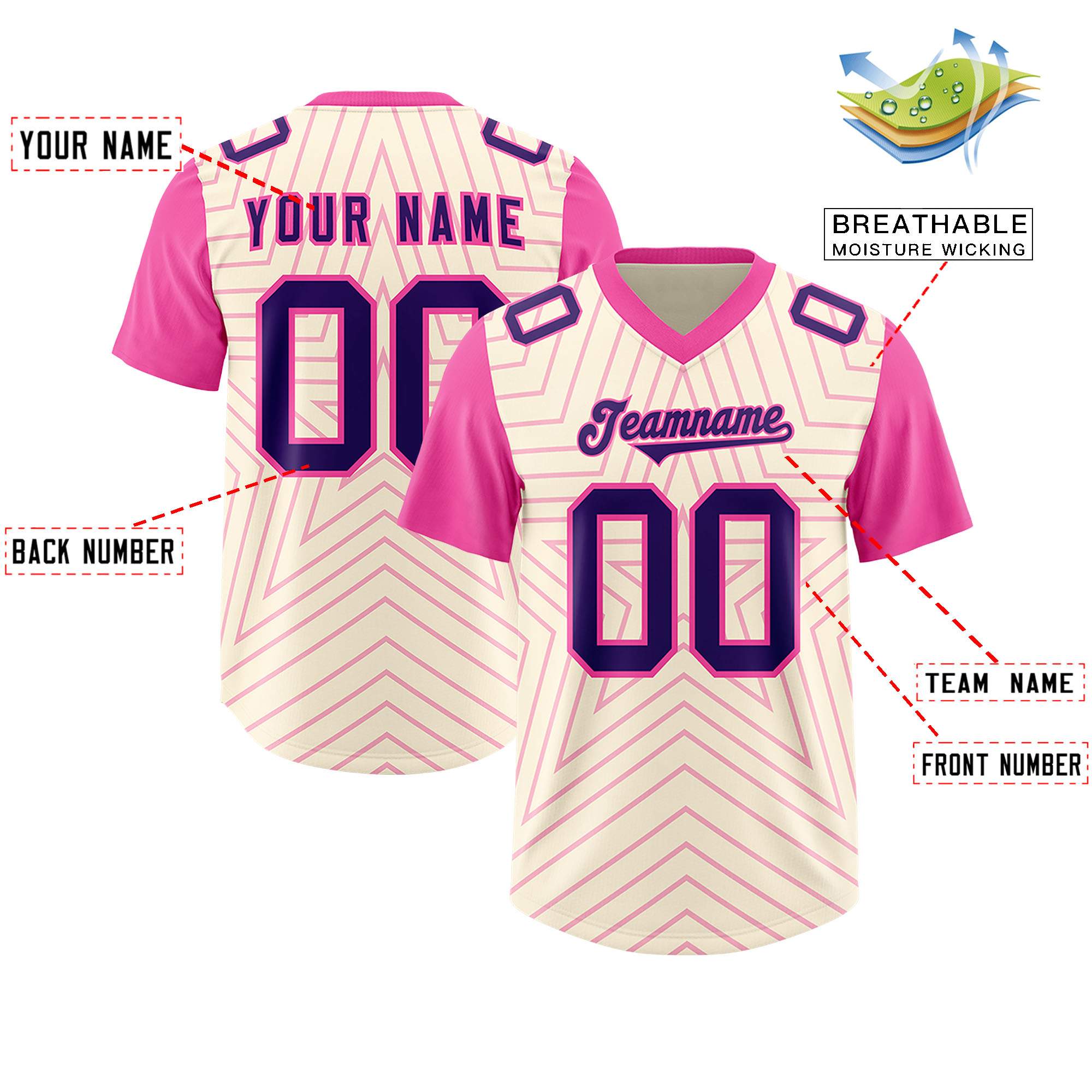 Custom Cream Pink Personalized Star Pattern Raglan Sleeves Authentic American Football Jersey