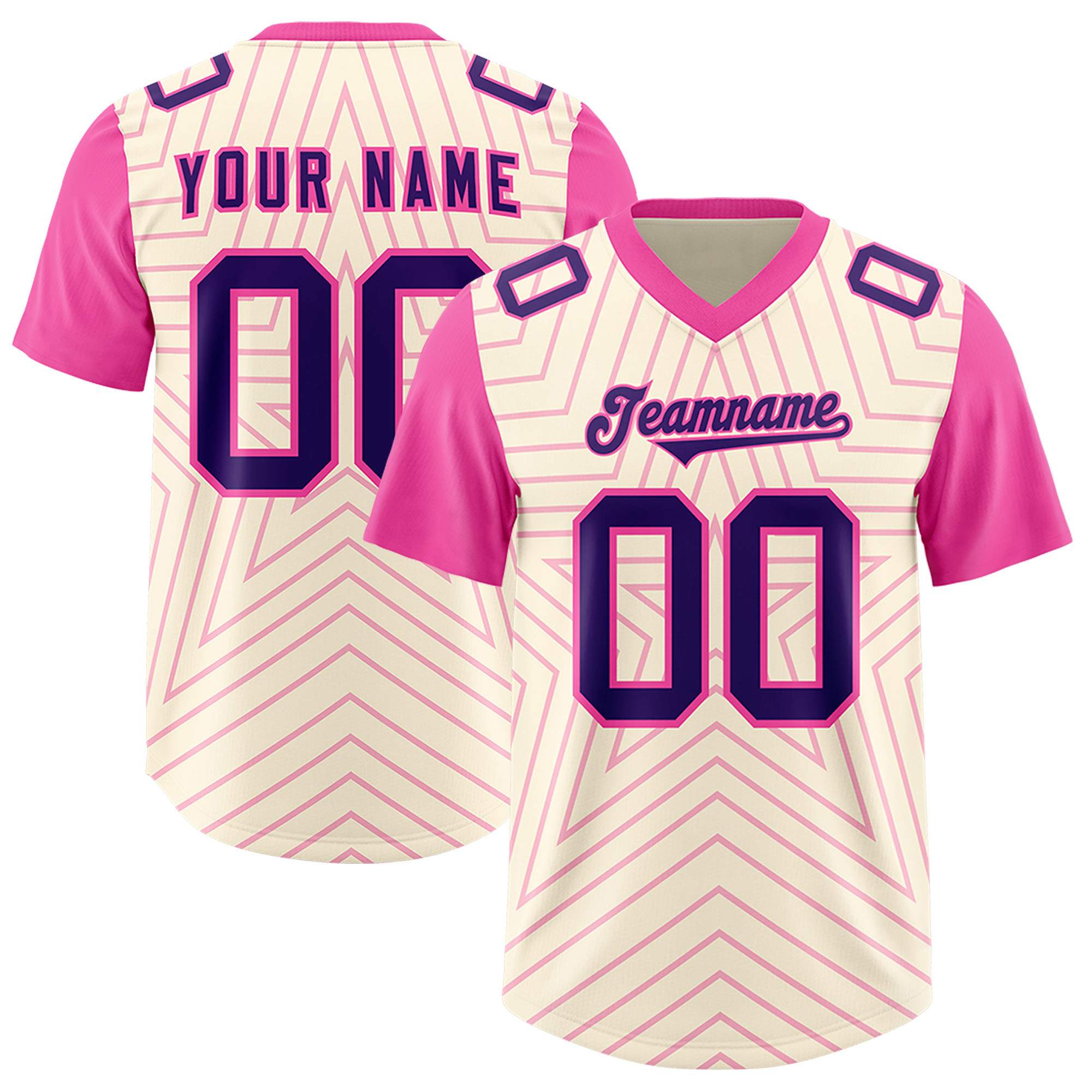 Custom Cream Pink Personalized Star Pattern Raglan Sleeves Authentic American Football Jersey