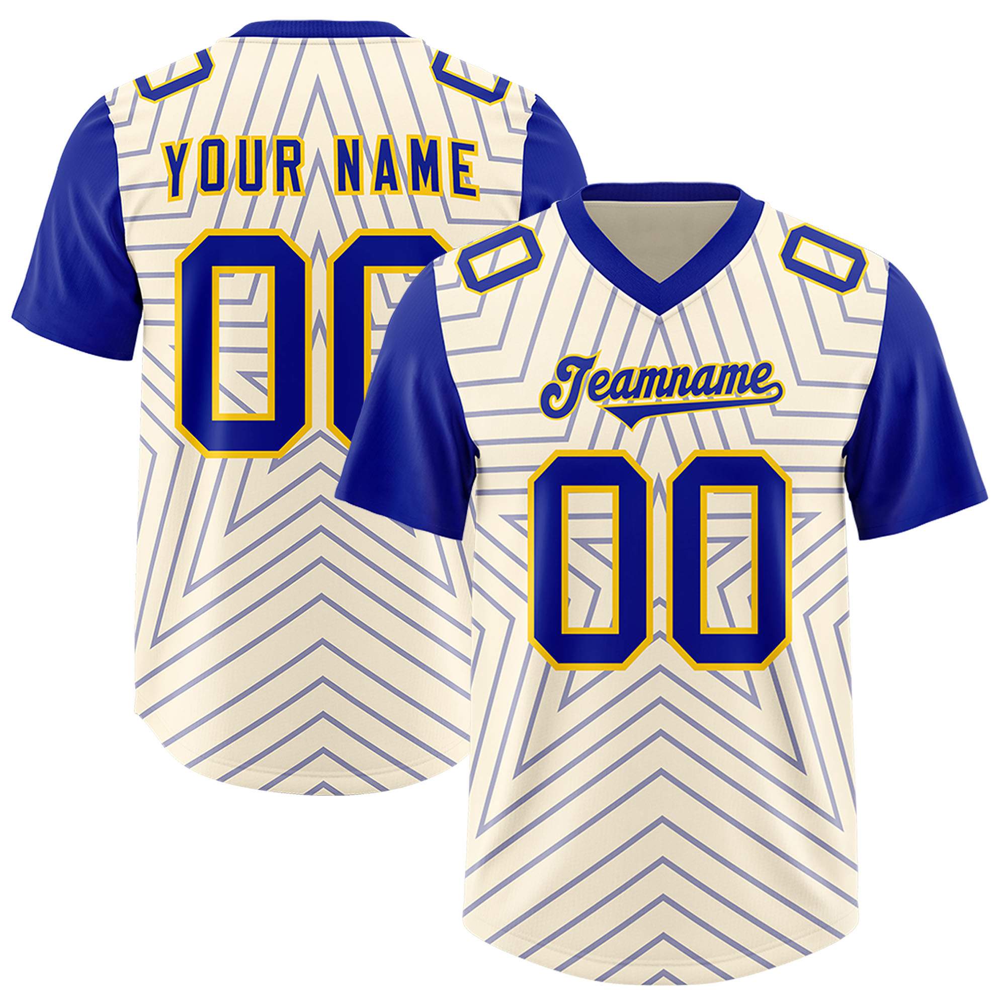 Custom Cream Royal Personalized Star Pattern Raglan Sleeves Authentic American Football Jersey