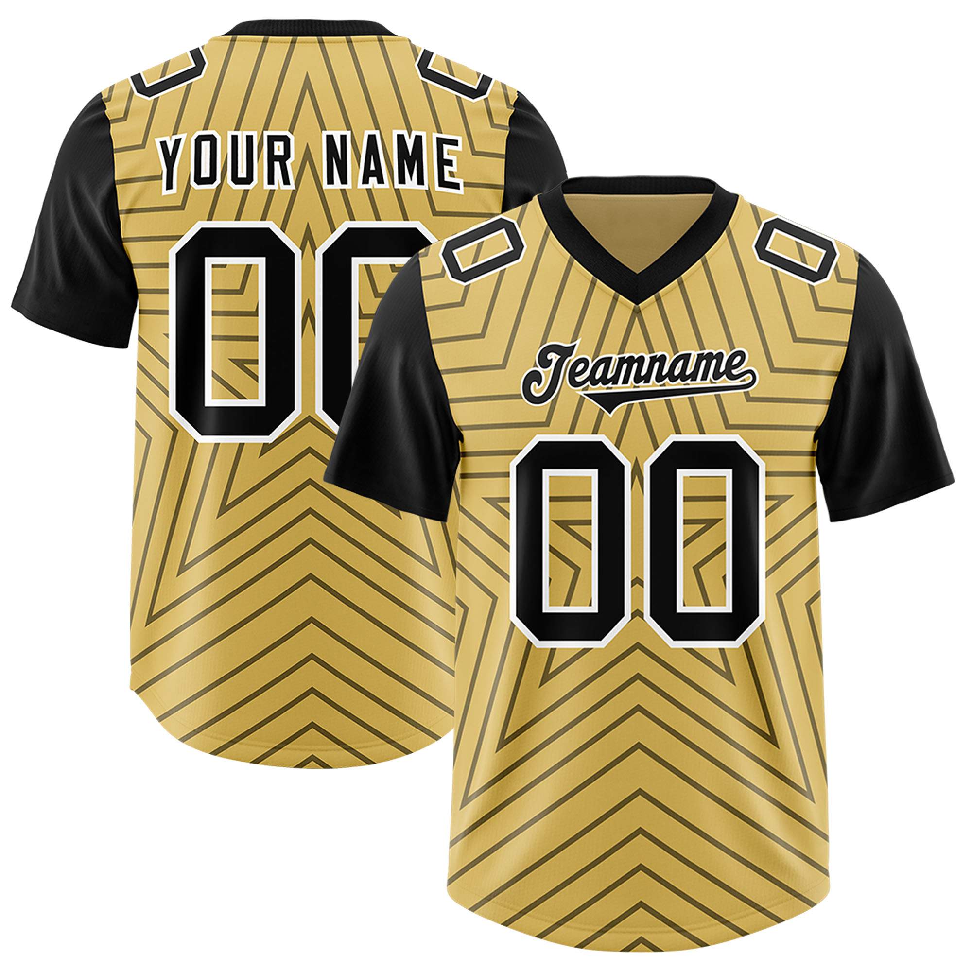 Custom Old Gold Black Personalized Star Pattern Raglan Sleeves Authentic American Football Jersey