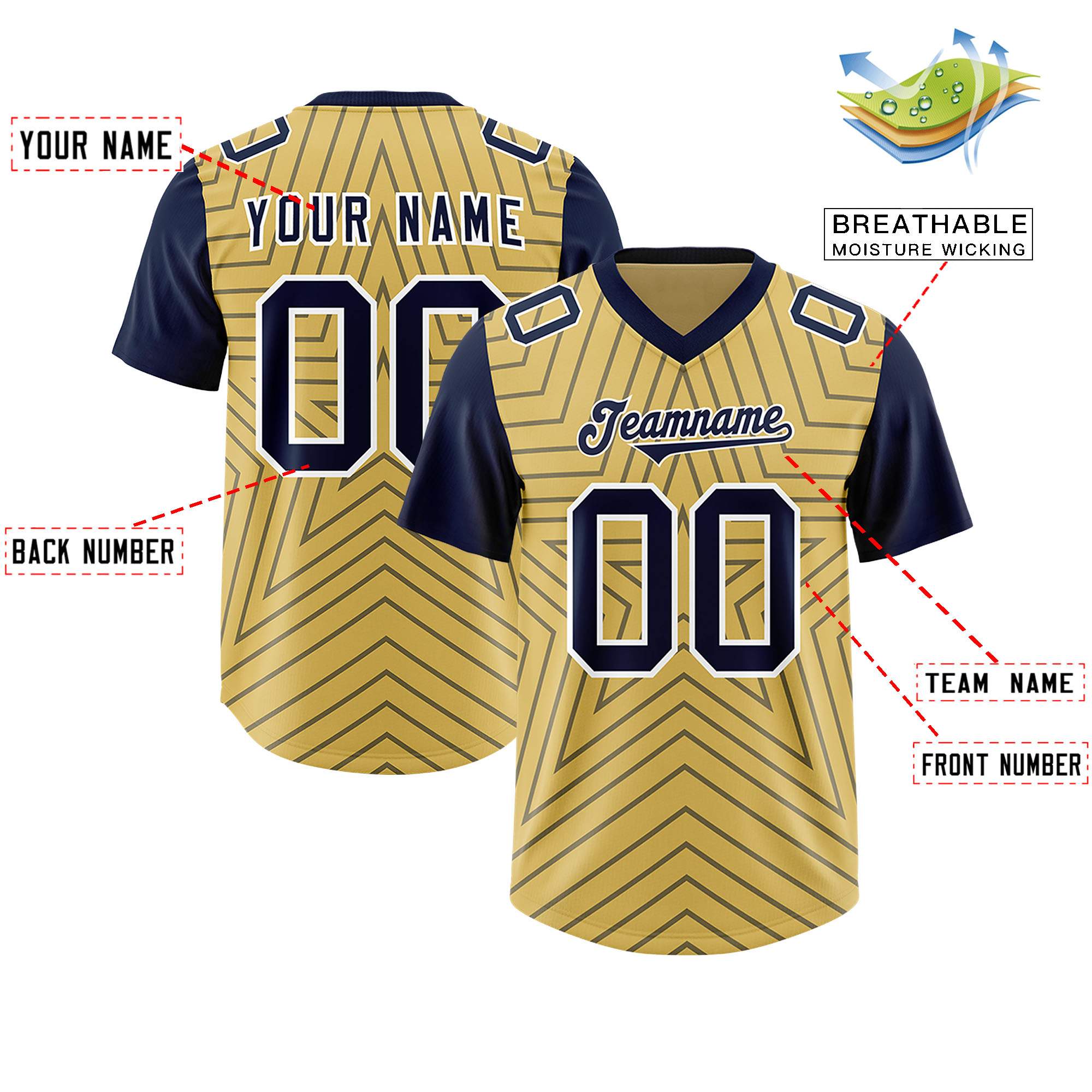 Custom Old Gold Navy Personalized Star Pattern Raglan Sleeves Authentic American Football Jersey