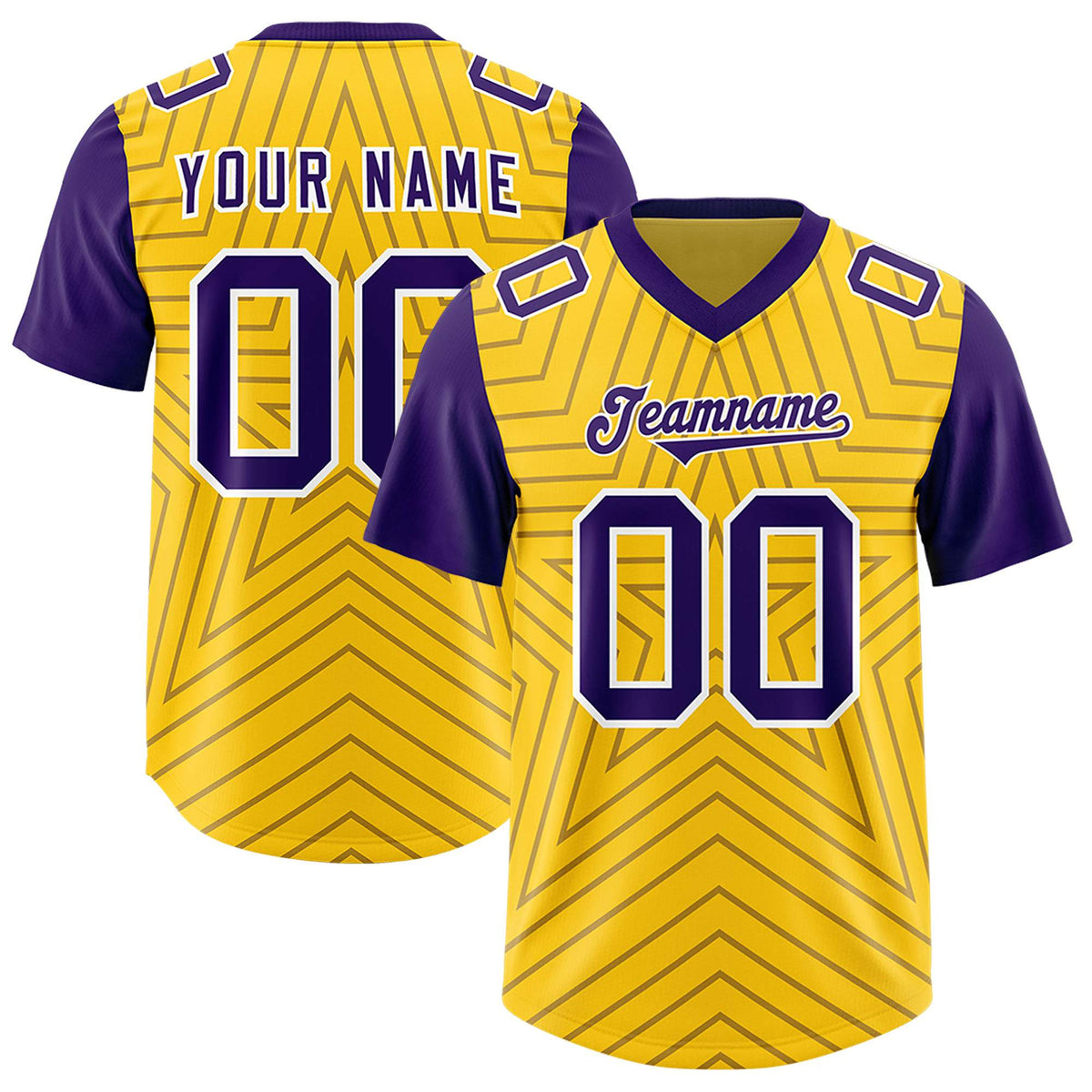 Custom Gold Purple Personalized Star Pattern Raglan Sleeves Authentic American Football Jersey