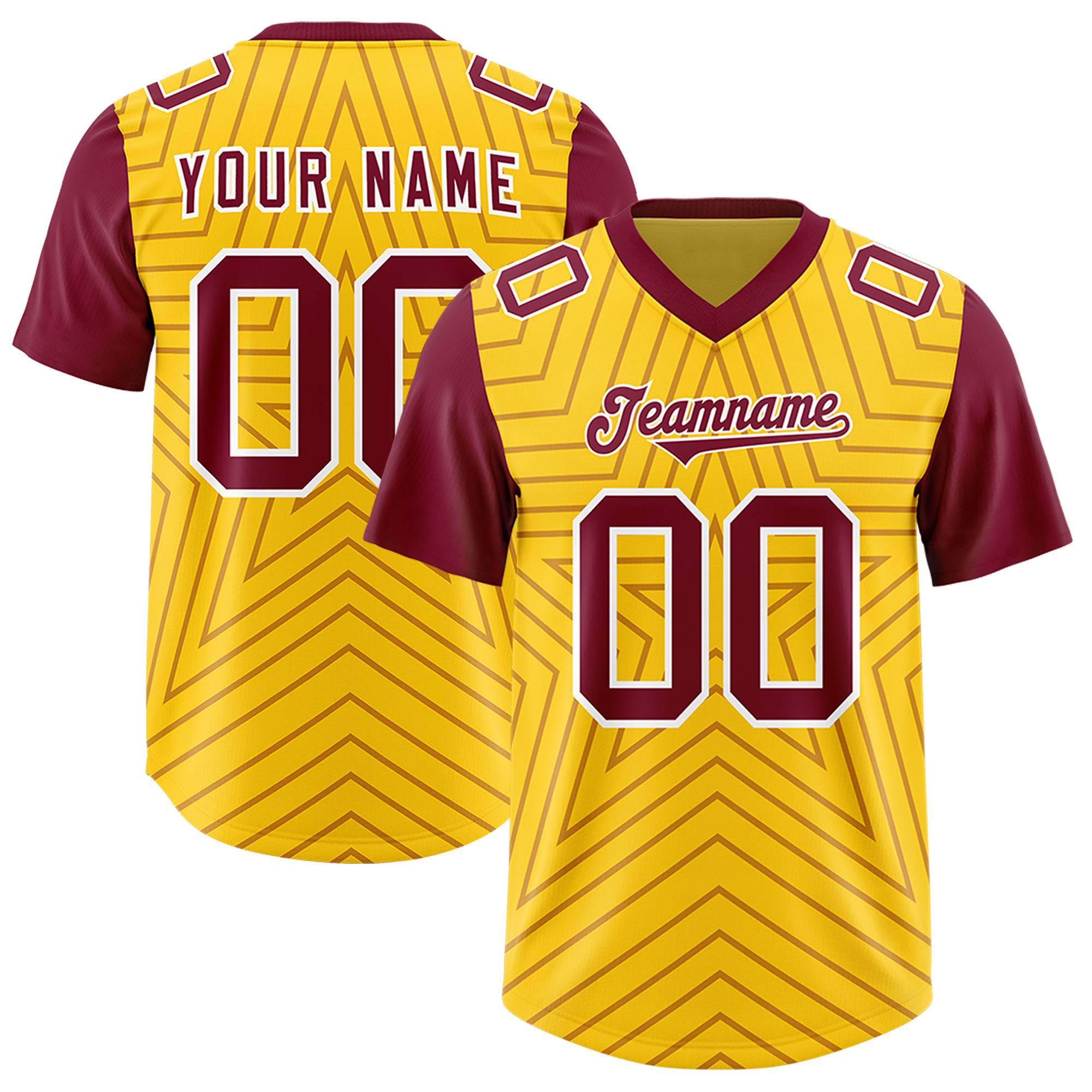 Custom Gold Cardinal Personalized Star Pattern Raglan Sleeves Authentic American Football Jersey