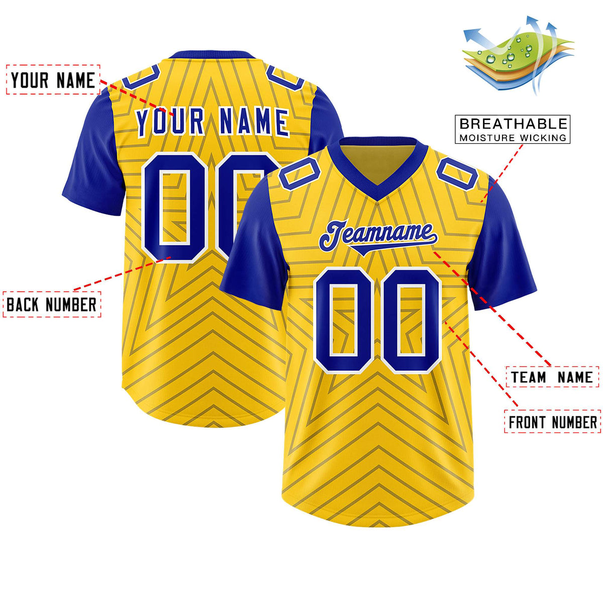 Custom Gold Royal Personalized Star Pattern Raglan Sleeves Authentic American Football Jersey