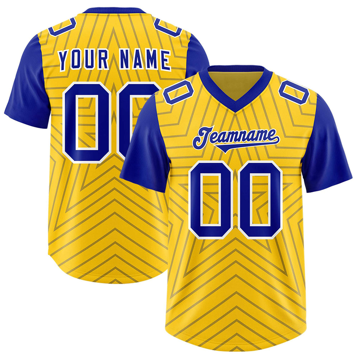 Custom Gold Royal Personalized Star Pattern Raglan Sleeves Authentic American Football Jersey