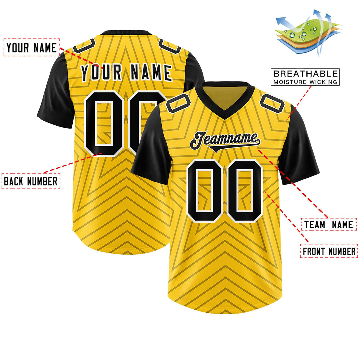 Custom Gold Black Personalized Star Pattern Raglan Sleeves Authentic American Football Jersey