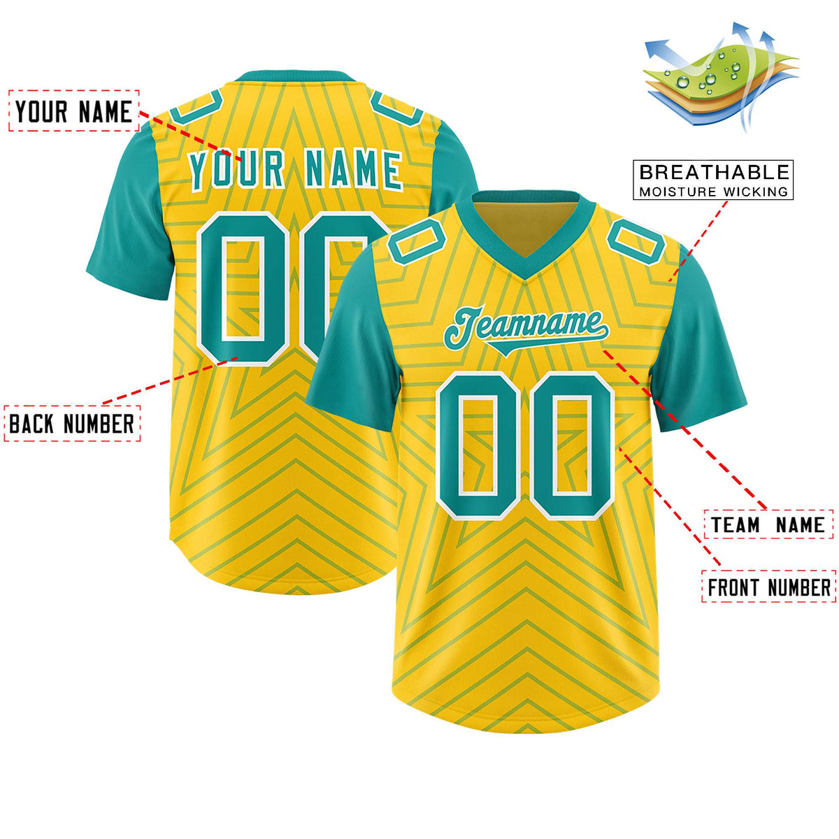 Custom Gold Aqua Personalized Star Pattern Raglan Sleeves Authentic American Football Jersey