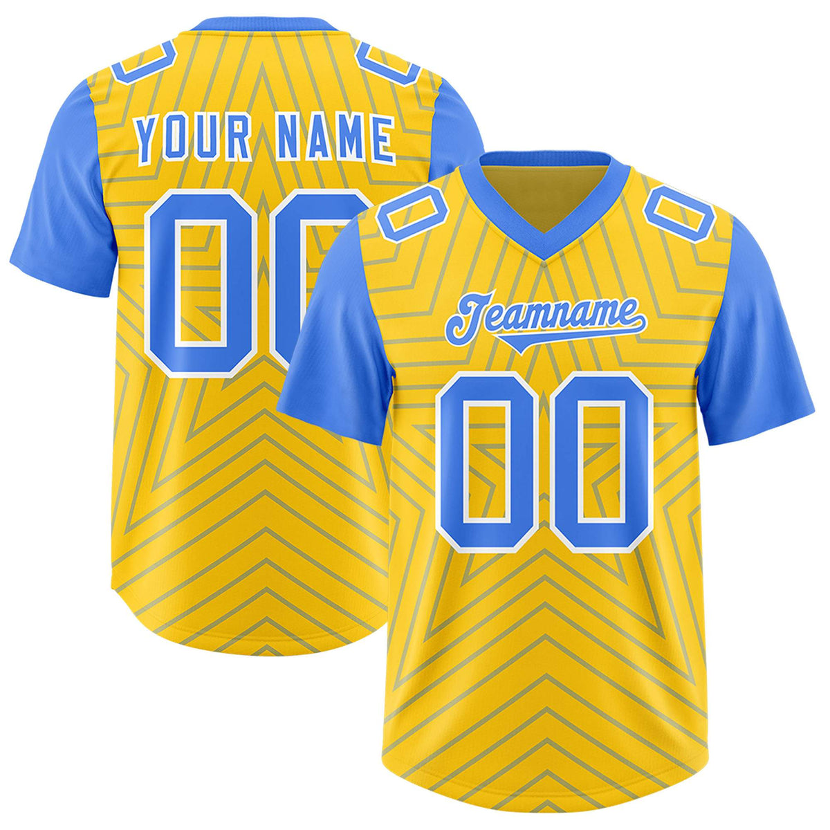 Custom Gold Powder Blue Personalized Star Pattern Raglan Sleeves Authentic American Football Jersey