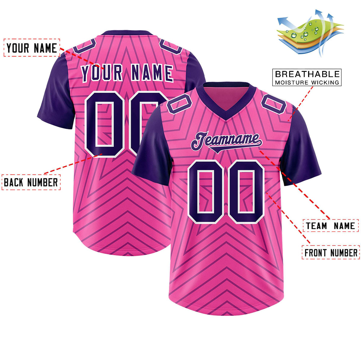 Custom Pink Purple Personalized Star Pattern Raglan Sleeves Authentic American Football Jersey
