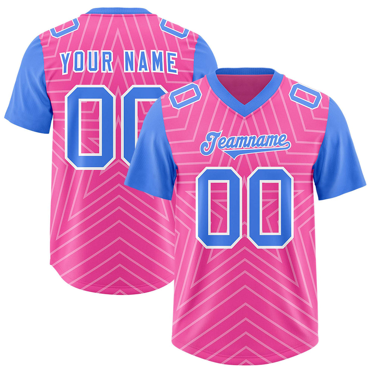 Custom Pink Powder Blue Personalized Star Pattern Raglan Sleeves Authentic American Football Jersey